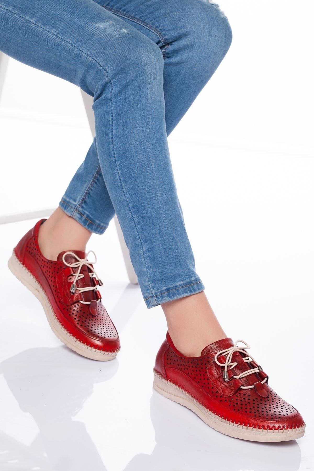 derithy Kadın Kırmızı Hakiki Deri Casual Ayakkabı