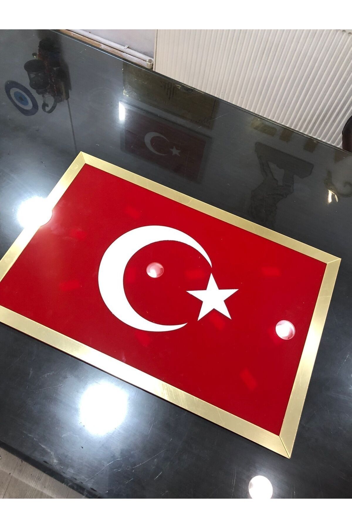 EHA LAZER Türk Bayrağı Duvar Süsü Altın Renk Çerçeveli