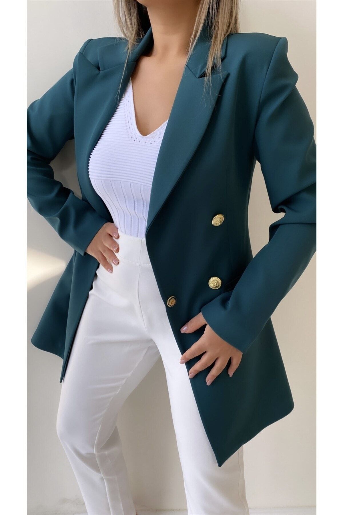 SEDA FİDAN Kadın Uzun Gold Düğmeli Blazer Ceket Koyu Zümrüt Yeşil