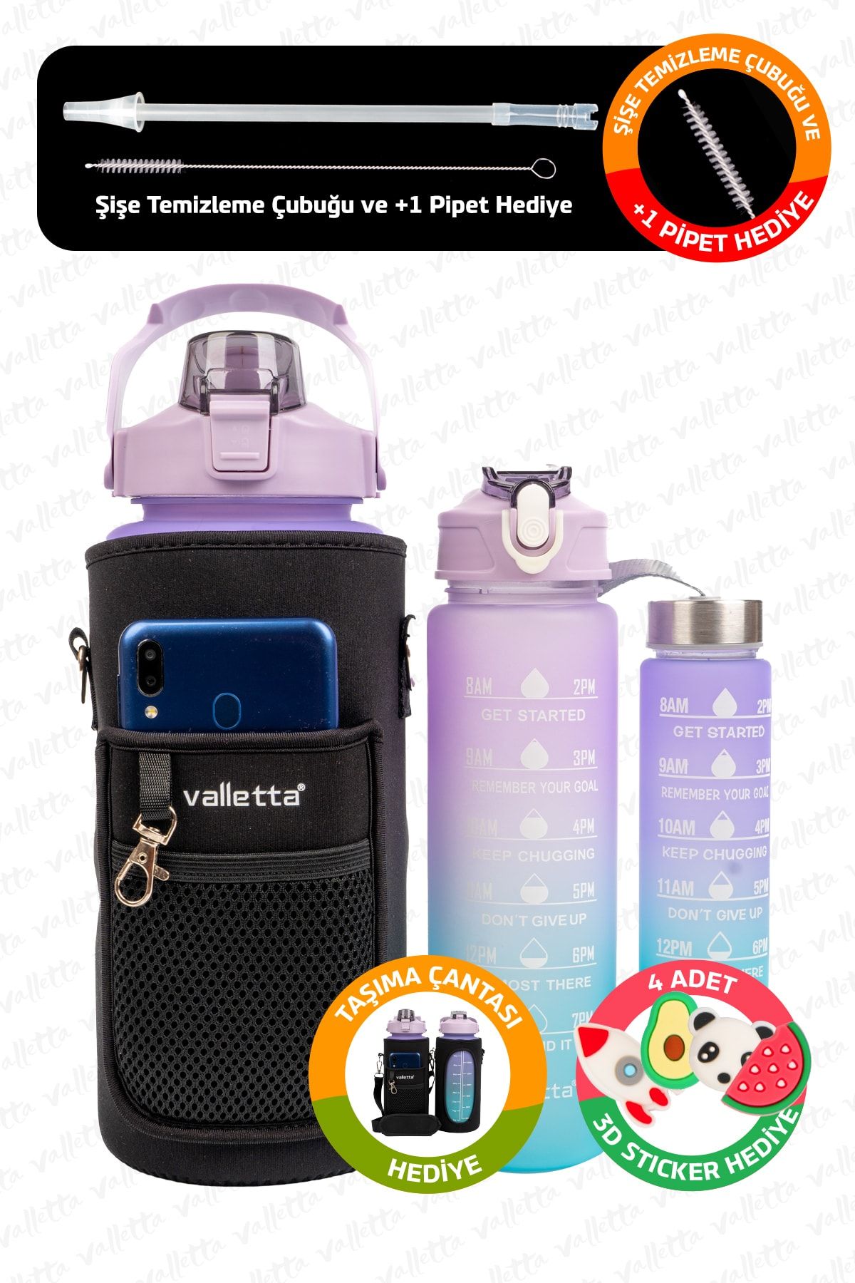 valletta Eldorado 3lü Set ÇANTALI BPA İçermez Motivasyonel Su Matarası Mor Su Matarası,Su Şişesi