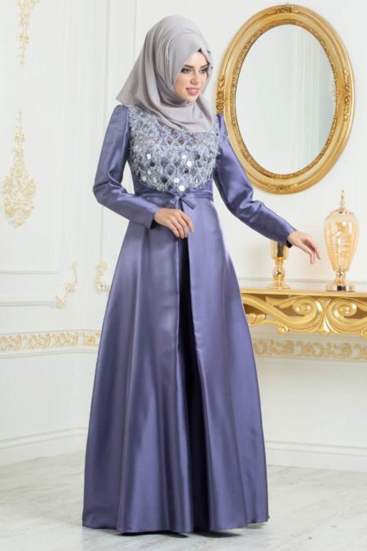 Neva Style Tesettürlü Abiye Elbiseler - Tafta Koyu Lila Tesettür Abiye Elbise 3755KLILA