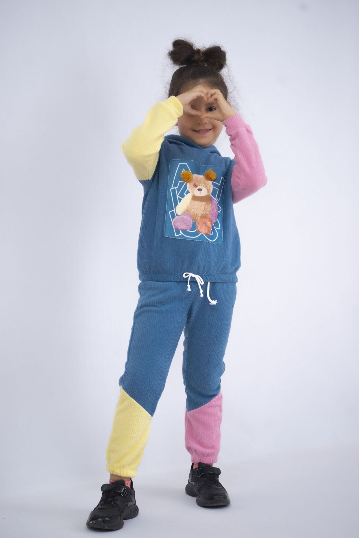 HARİKA KİDS Kız Çocuk Parçalı Model Kalın Fitilli Kadife Kumaş Ayıcık Desen Kapşonlu Örme Basic Eşofman Takımı
