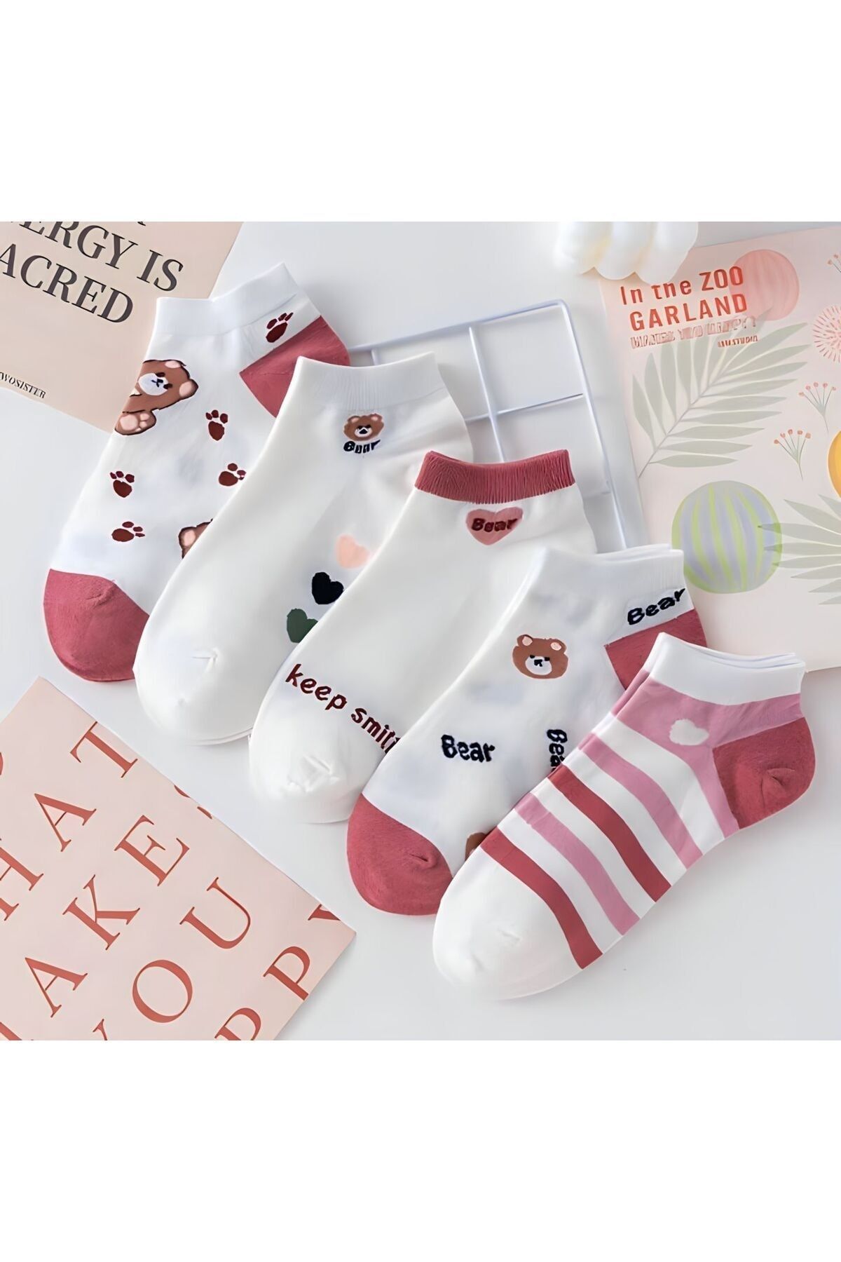 BGK 5'li Desenli Pembe Kadın Patik Çorap