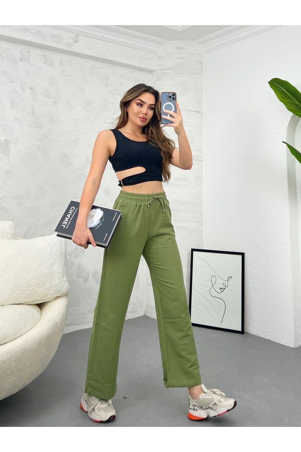 Ozy Fashion Yüksek Bel,Beli Lastikli,Cepli Flamlı Keten Bol Paça Yazlık Haki Yeşil Pantolon
