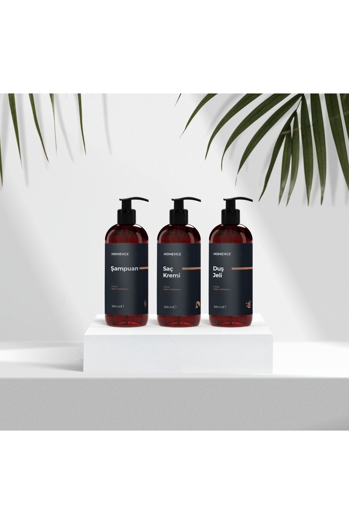 homence Şampuan Duş Jeli Saç Kremi Etiketli Pompalı Plastik Şişe Banyo Seti 3'lü Amber Sabunluk 500 ml