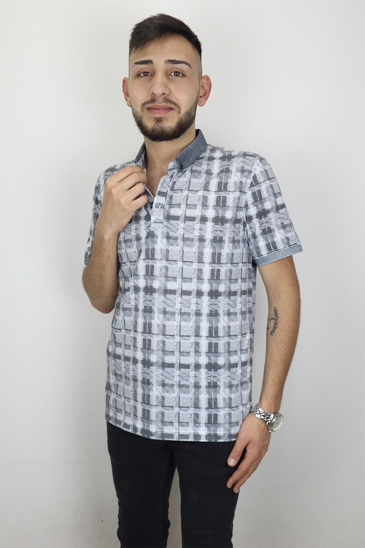 Maccali Fistan Store Erkek Gri Desenli Normal Kalıp Cepsiz Polo Yaka T-Shirt
