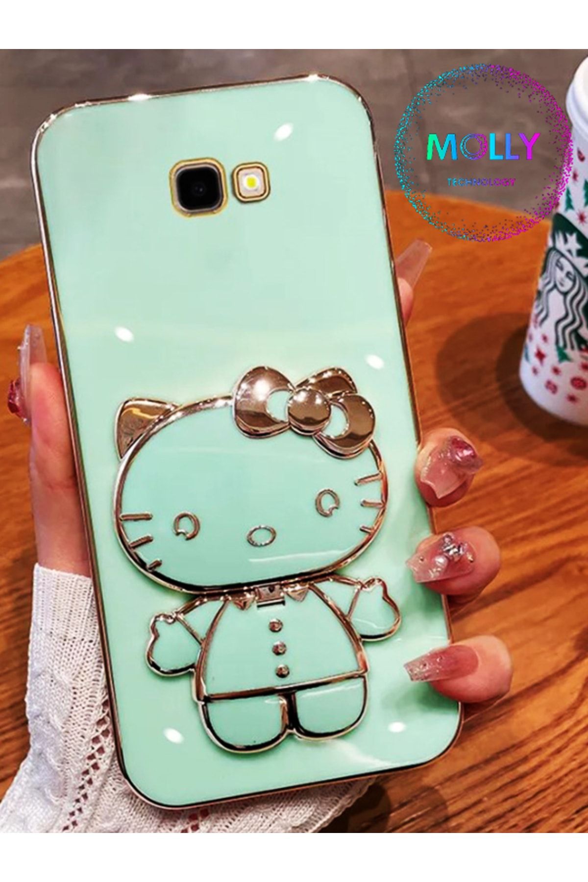 Molly Technology Samsung Galaxy J4 Plus İçin Su Yeşili Hello Kitty Standlı Kenarları Gold Detaylı Lüks Silikon Kılıf