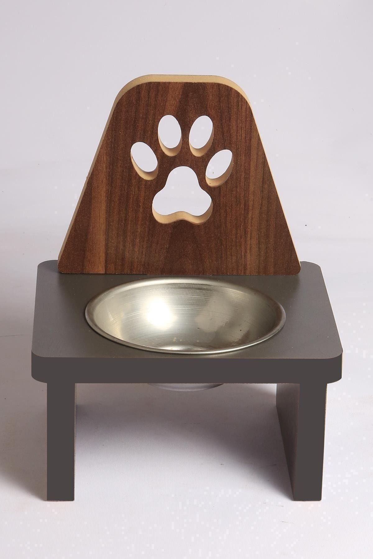 MiniHediye Ahşap Kedi Köpek Mama Su Kabı Standı Metal Suluk Mamalık Çelik Kaseli Evcil Hayvan Pati Desenli