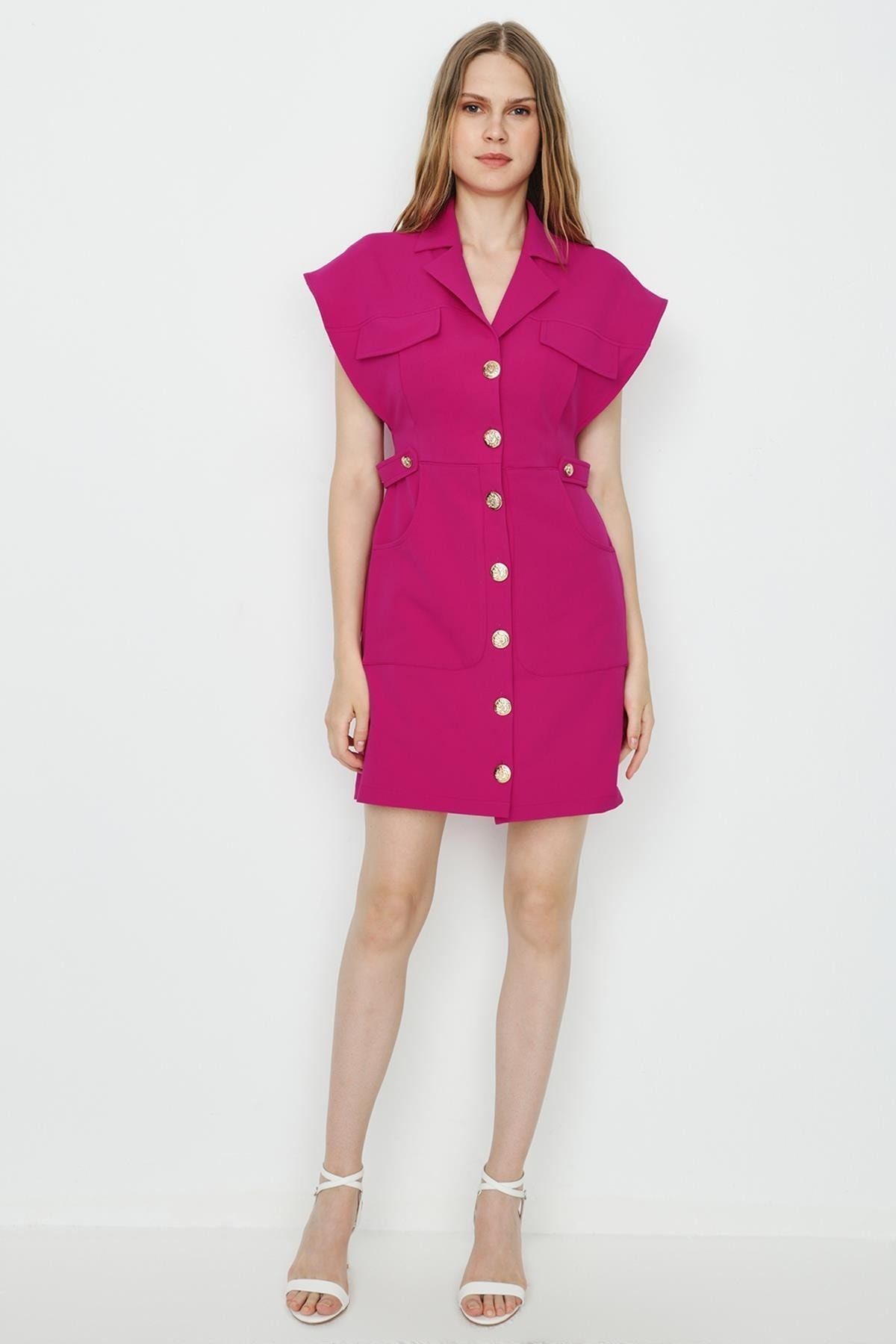 Select Moda Kadın Dokuma Düğme Detaylı Gömlek Elbise