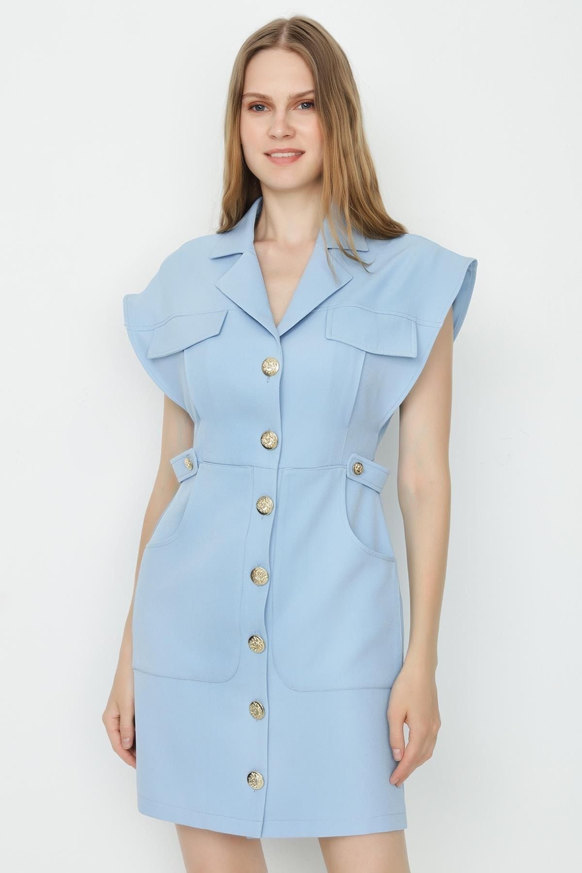 Select Moda Kadın Açık Mavi Dokuma Düğme Detaylı Gömlek Elbise