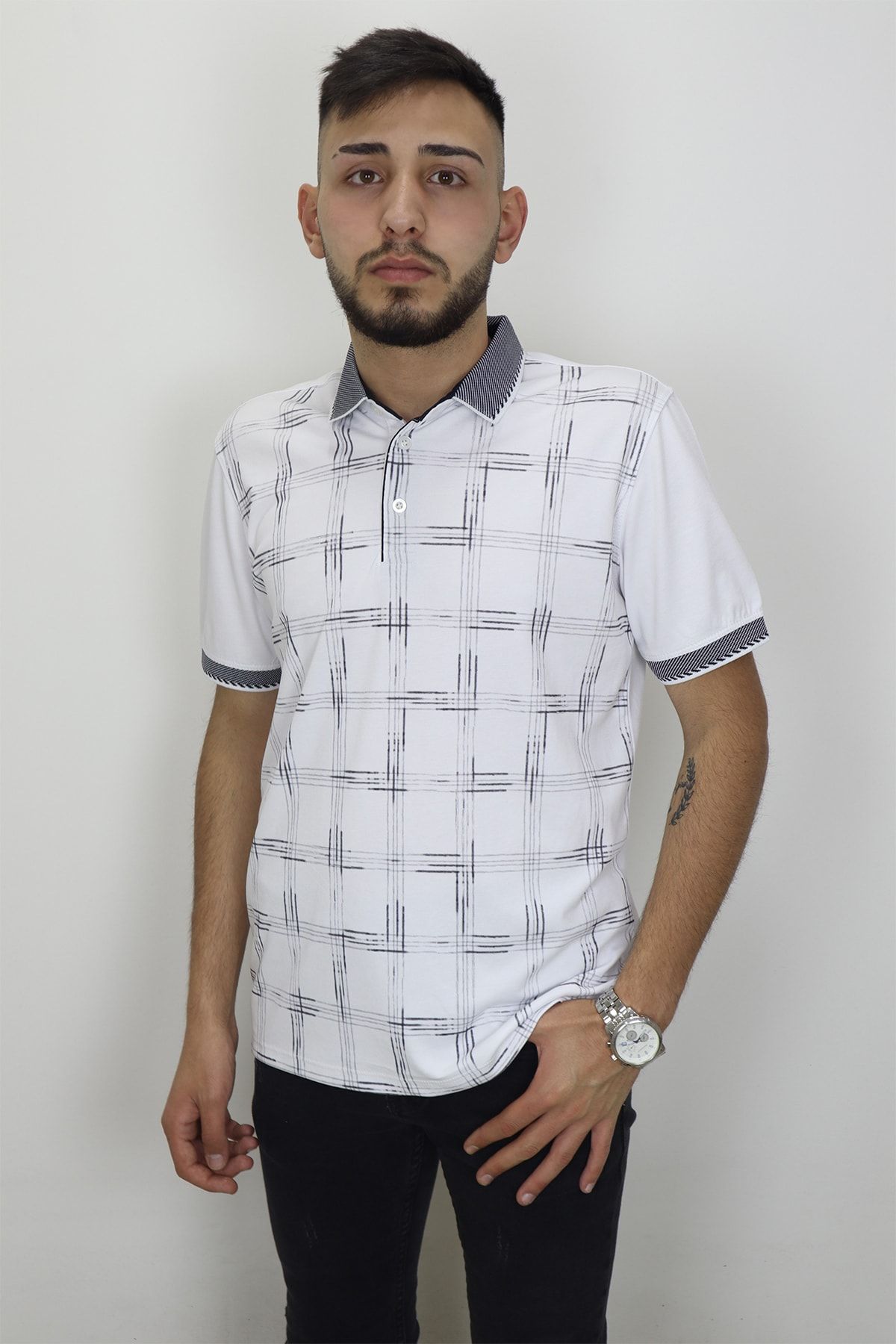 Maccali Fistan Store Erkek Beyaz Desenli Normal Kalıp Cepsiz Polo Yaka T-Shirt