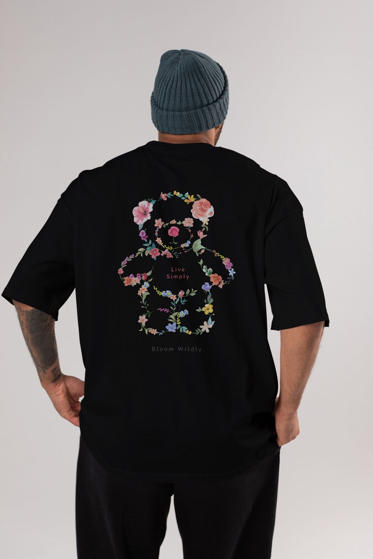 Ankhises Teddy Bear Flowers Arka Baskılı Siyah Oversize T-shirt Unisex Erkek Kadın Bisiklet Yaka