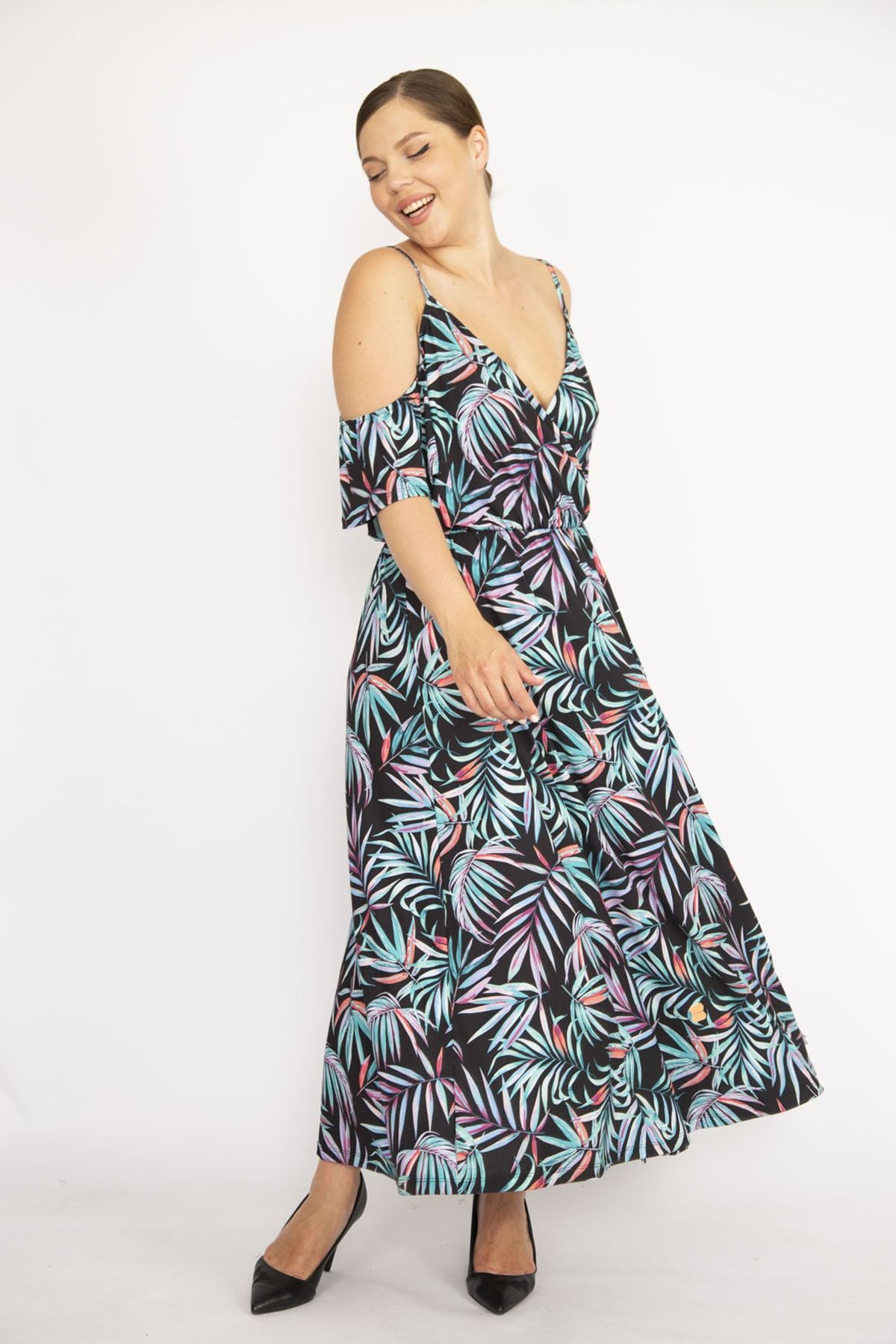 Şans Tekstil Kadın Renkli Askılı Anvelop Uzun Elbise 26a36636