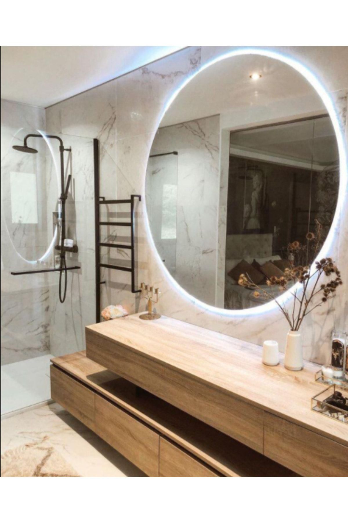 Narkissos Dizayn 90 Cm Beyaz Ledli Yuvarlak Banyo Aynası/ Makyaj Aynası/ Trafolu