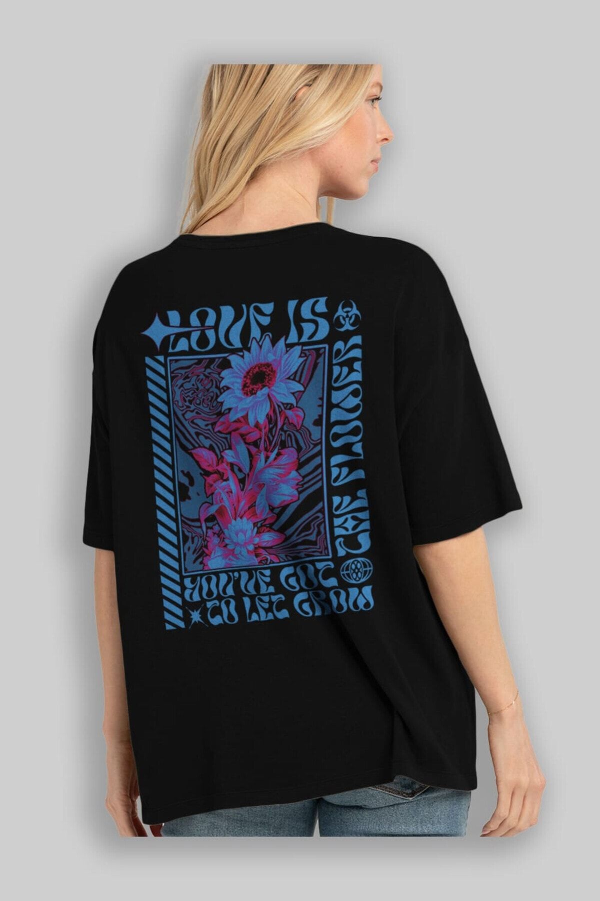 Ankhises Love is The Flower Arka Baskılı Siyah Oversize T-shirt Unisex Erkek Kadın Bisiklet Yaka
