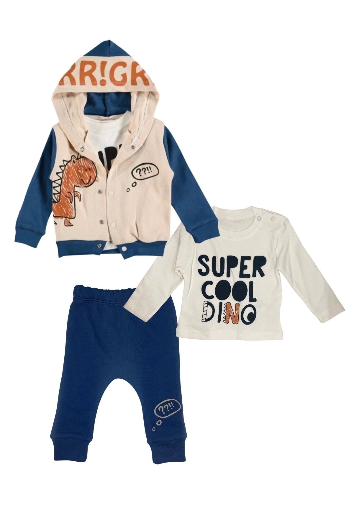 Mamma Erkek Bebek Mavi Dinozor Model Pamuklu Baharlık Sweatshirt Body Ve Eşofman Altı 3 Parça Takım