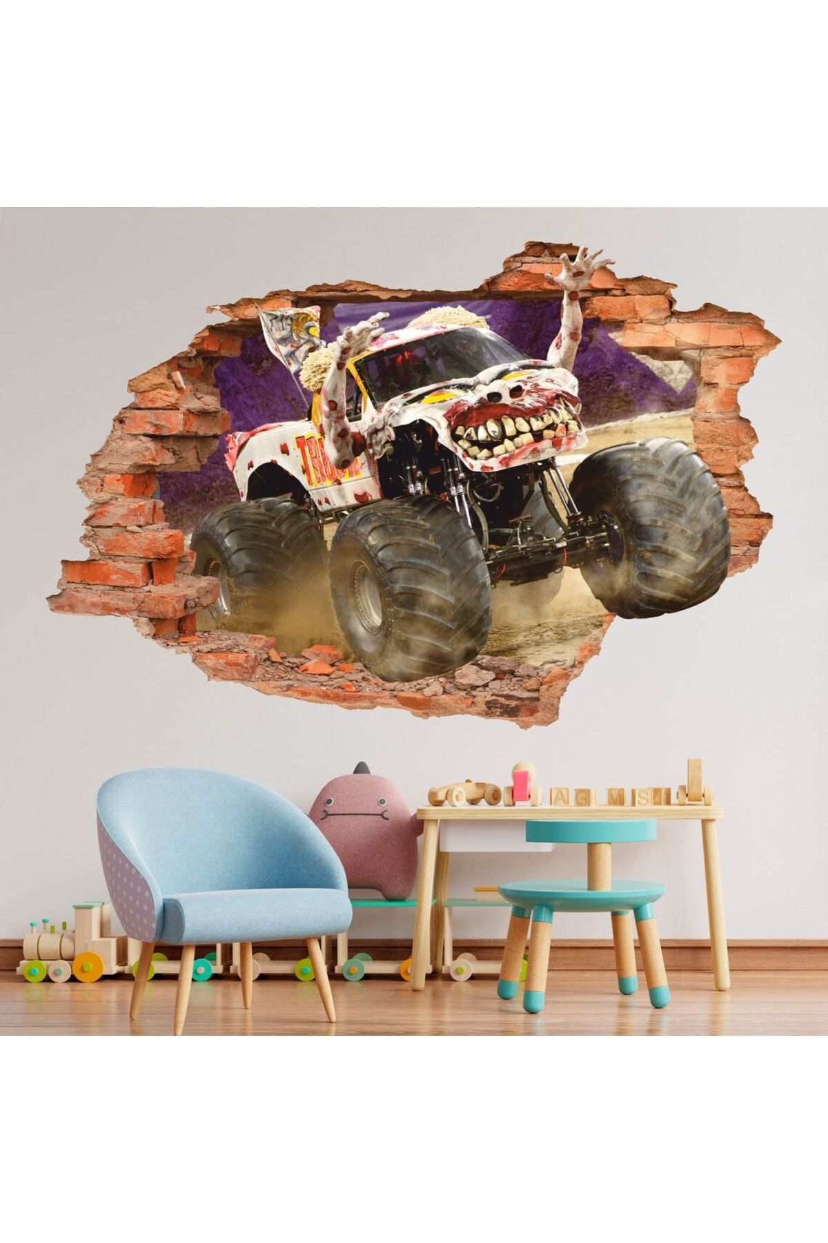 KT Decor Monster Arabalar Full Hd Baskı Erkek Çocuk Odası 3D Duvar Sticker