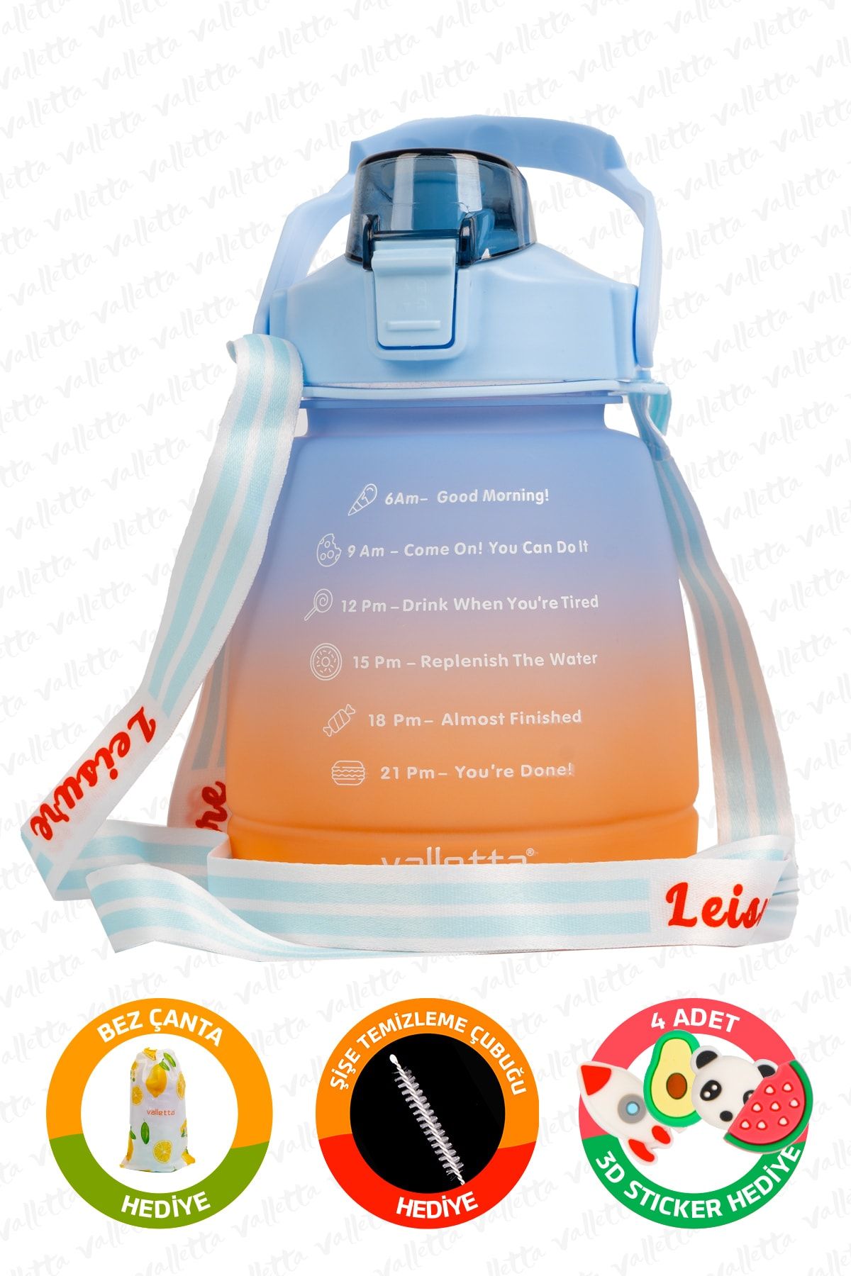 valletta Lusca BPA İçermez Motivasyonel Su Matarası 1,3 LT Mavi-Turuncu Su Matarası,Su Şişesi,Suluk