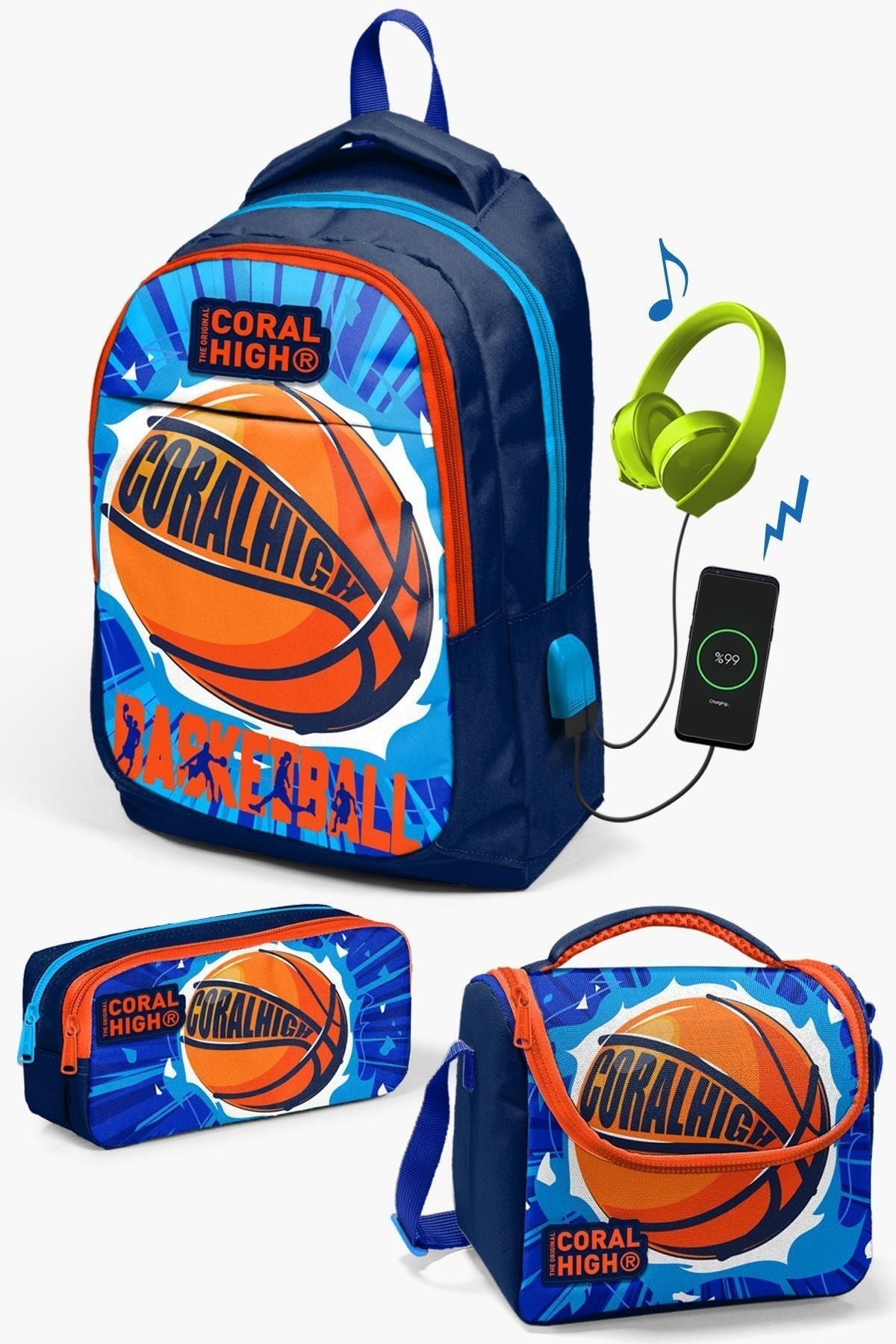 Coral High Kids Lacivert Mavi Basketbol Top Desenli Usb'li 3’lü Okul Çanta Seti SET0124318