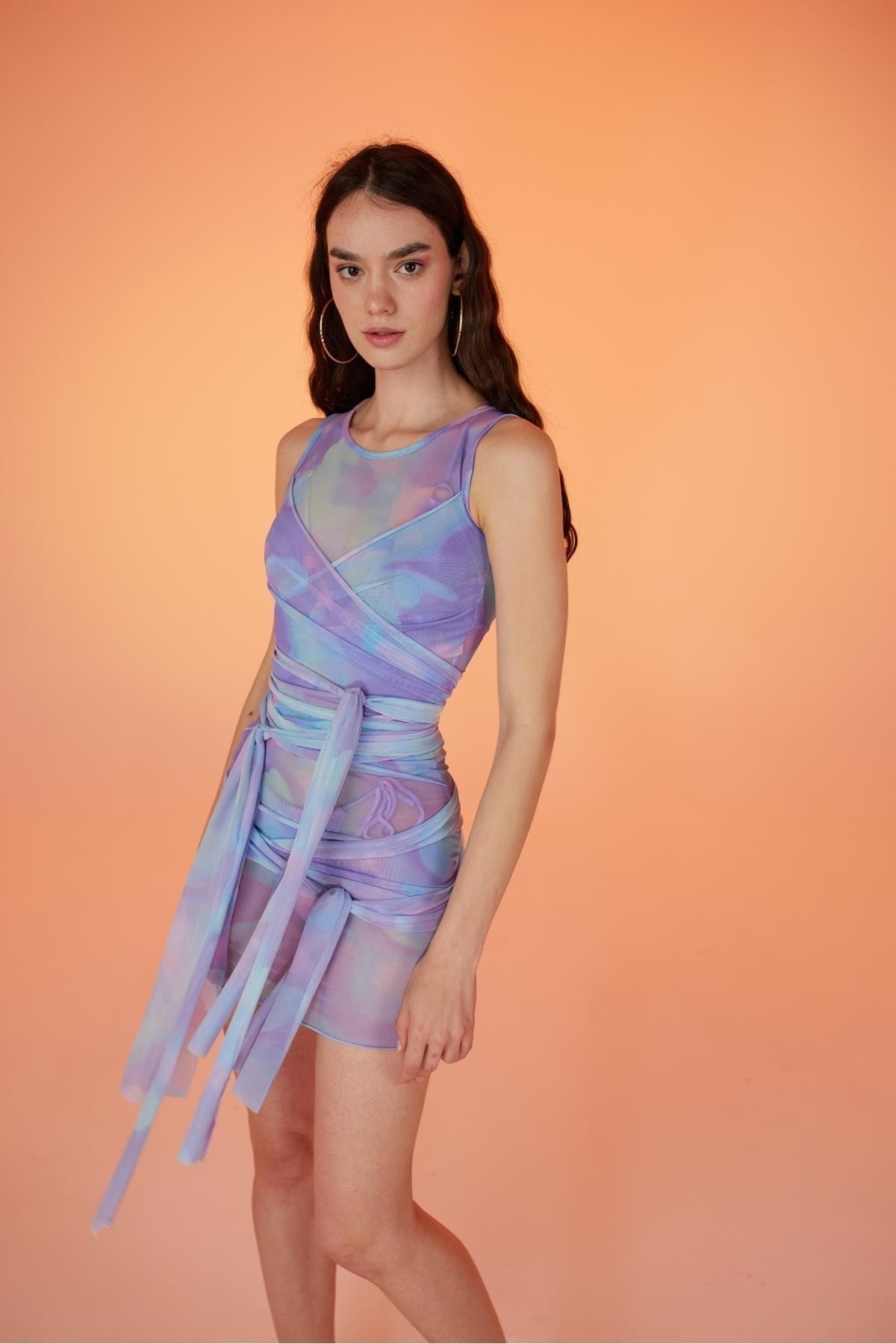 HOLLY LOLLY Bağlama Detaylı Ensek Tül Wrap Elbise Lila
