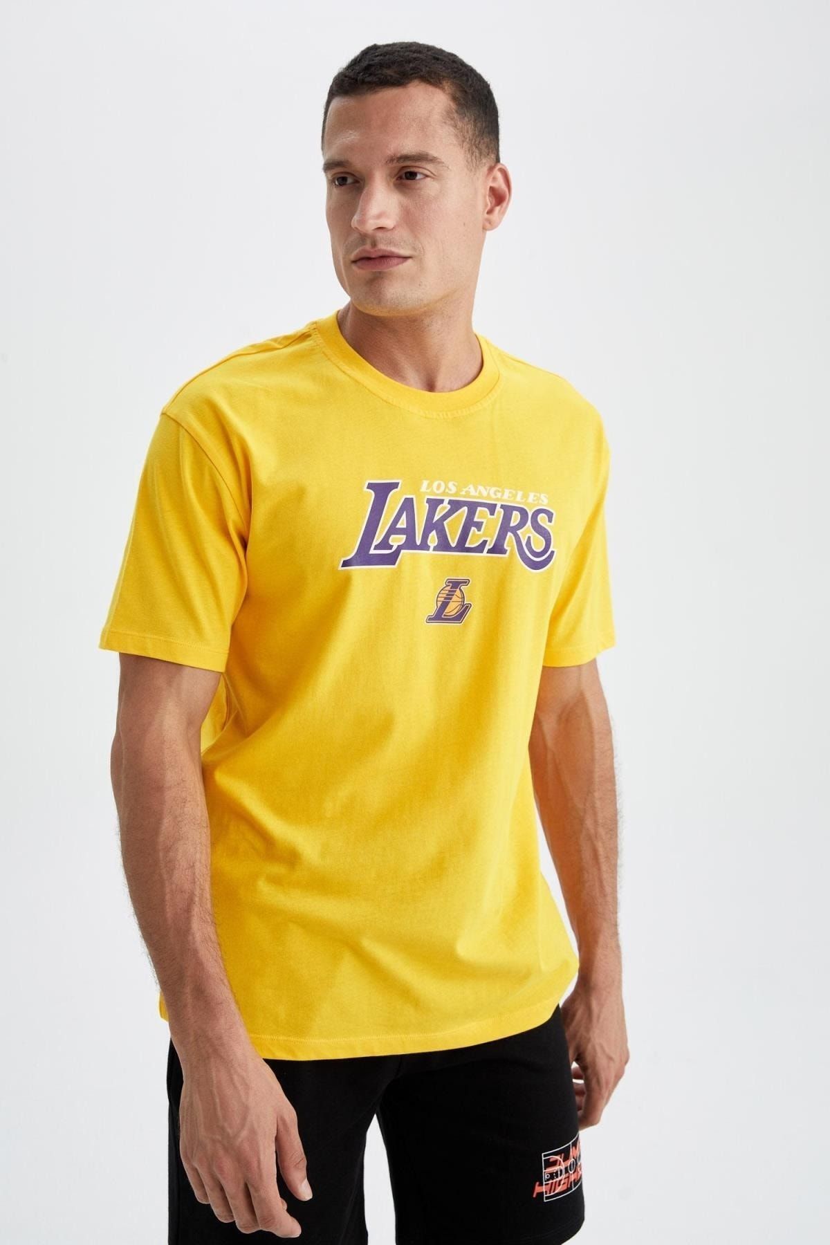 Defacto Fit Nba Los Angeles Lakers Lisanslı Boxy Fit Bisiklet Yaka %100 Pamuk Tişört