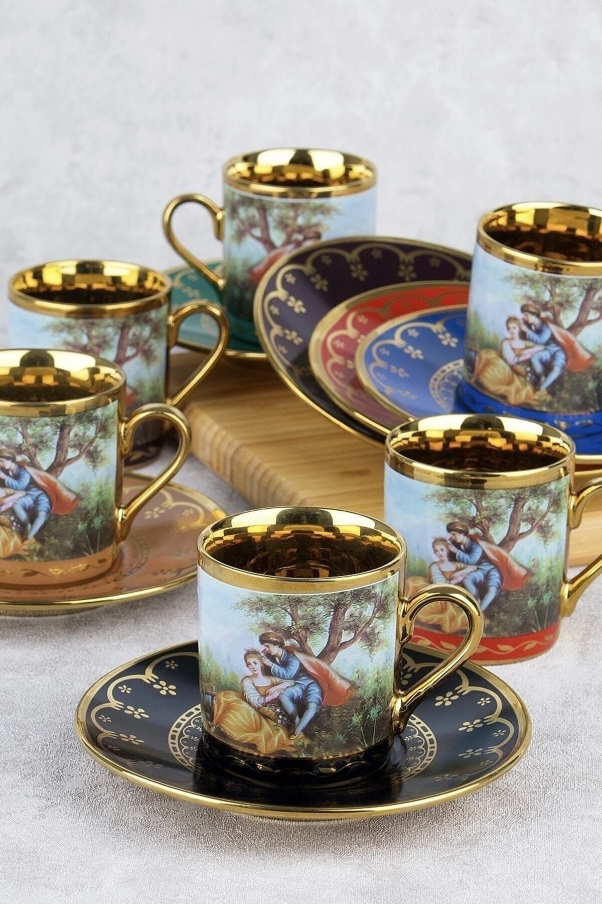 ACAR Barok Figürlü Renkli Gold 6 Kişilik Porselen Kahve Fincan Takımı 0108