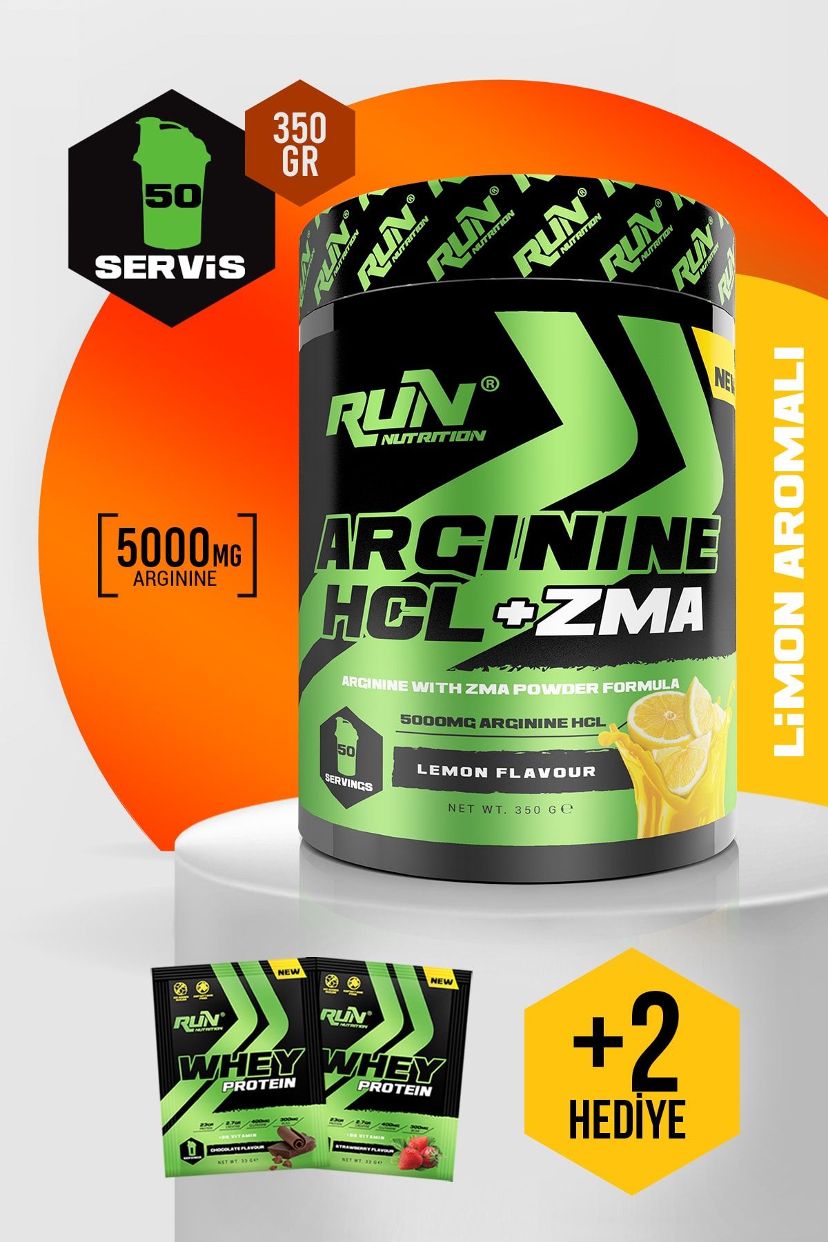 Run Nutrition Arginine HCL + ZMA - Limon Aromalı - 50 Servis - 350g - 2 Saşe Protein Hediyeli