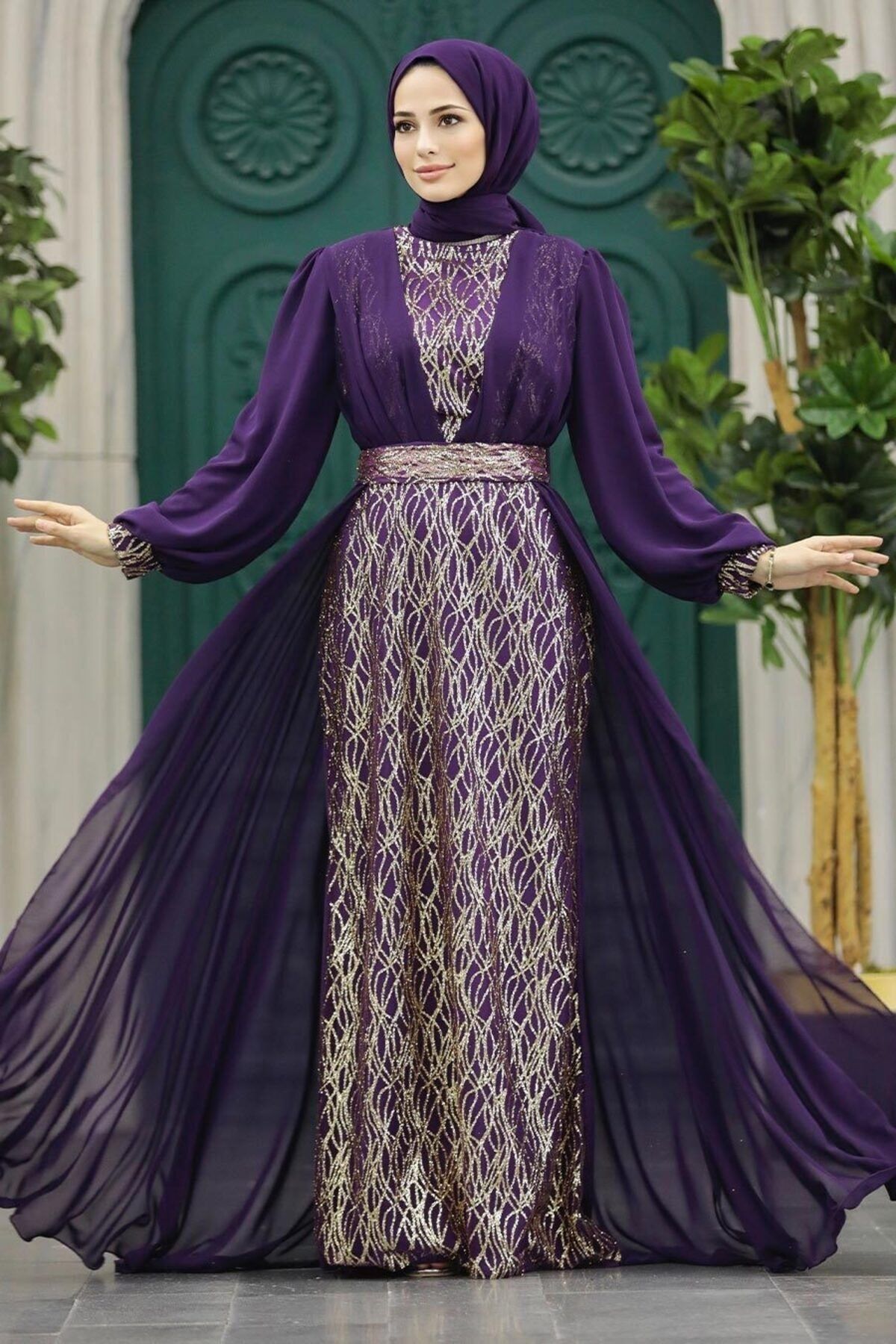 Neva Style Tesettürlü Abiye Elbise - Pelerin Detaylı Mor Tesettür Abiye Elbise 50173MOR