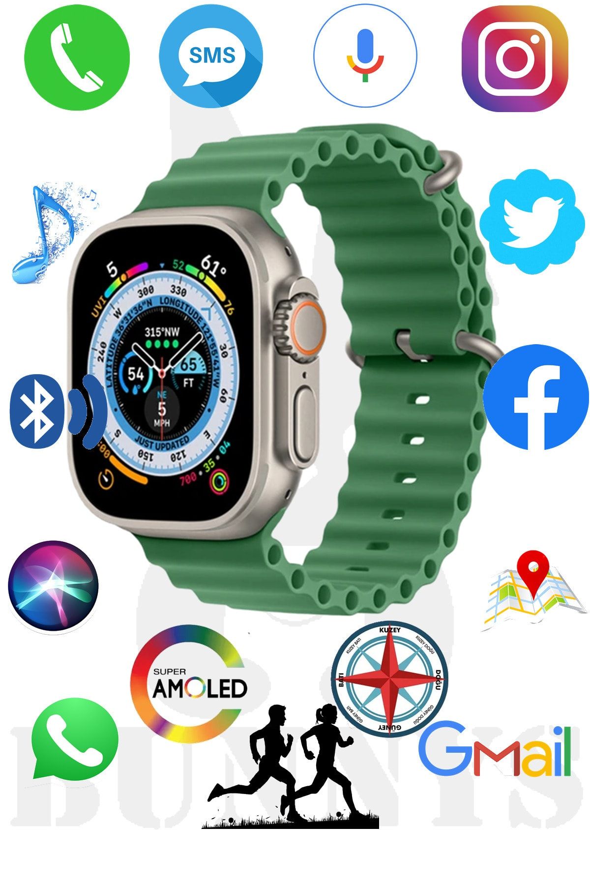 Bunnys Samsung Galaxy S8 Uyumlu Akıllı Saat AMOLED EKRAN Watch 8 Ultra 49MM HK8 PRO MAX