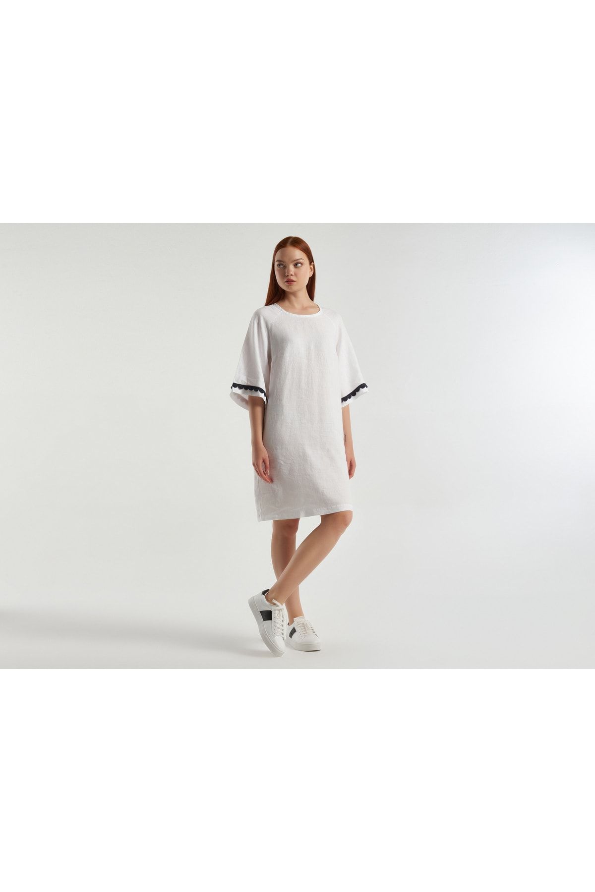 United Colors of Benetton Kadın Beyaz %100 Keten Raglan Kol Regular Fit Elbise Beyaz