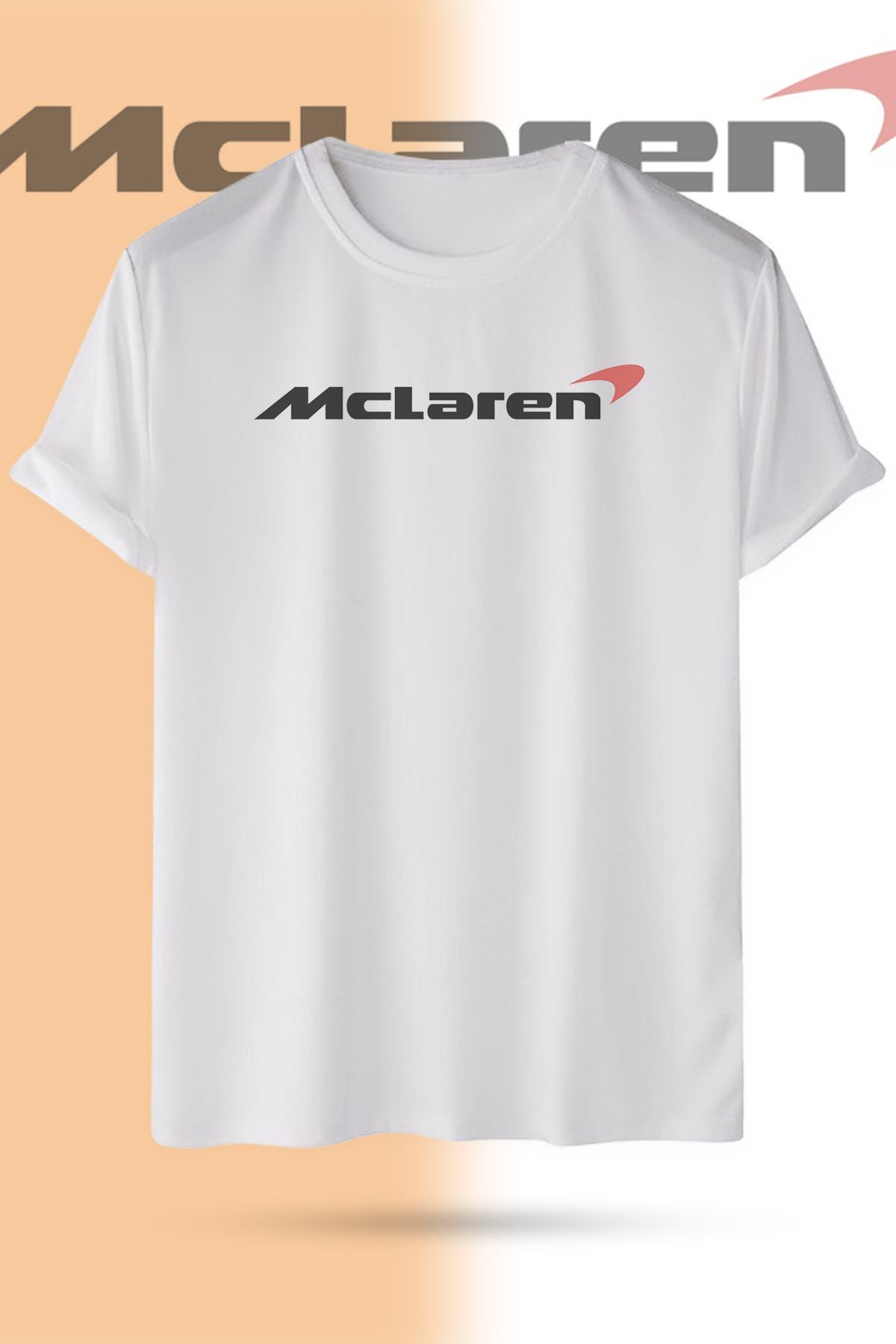 WebStyle Mclaren F1 Logo Pamuklu Bisiklet Yaka Baskılı Beyaz Kısa Kollu Unisex Tişört