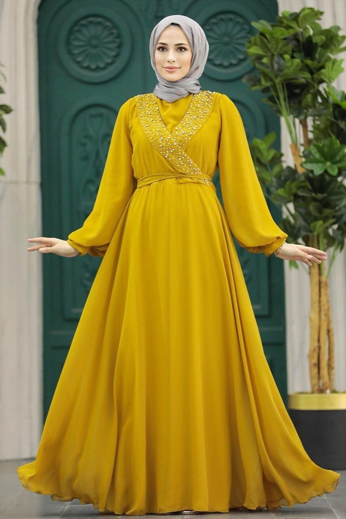Neva Style Tesettürlü Abiye Elbise - Boncuk Detaylı Hardal Tesettür Abiye Elbise 22153HR