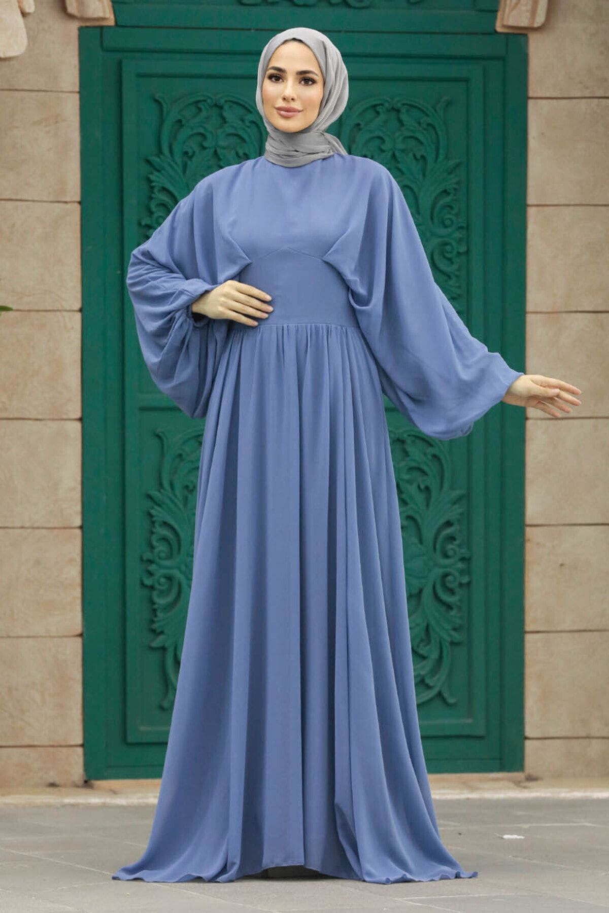 Neva Style Tesettürlü Abiye Elbise - Balon Kol İndigo Mavisi Tesettür Abiye Elbise 60681IM