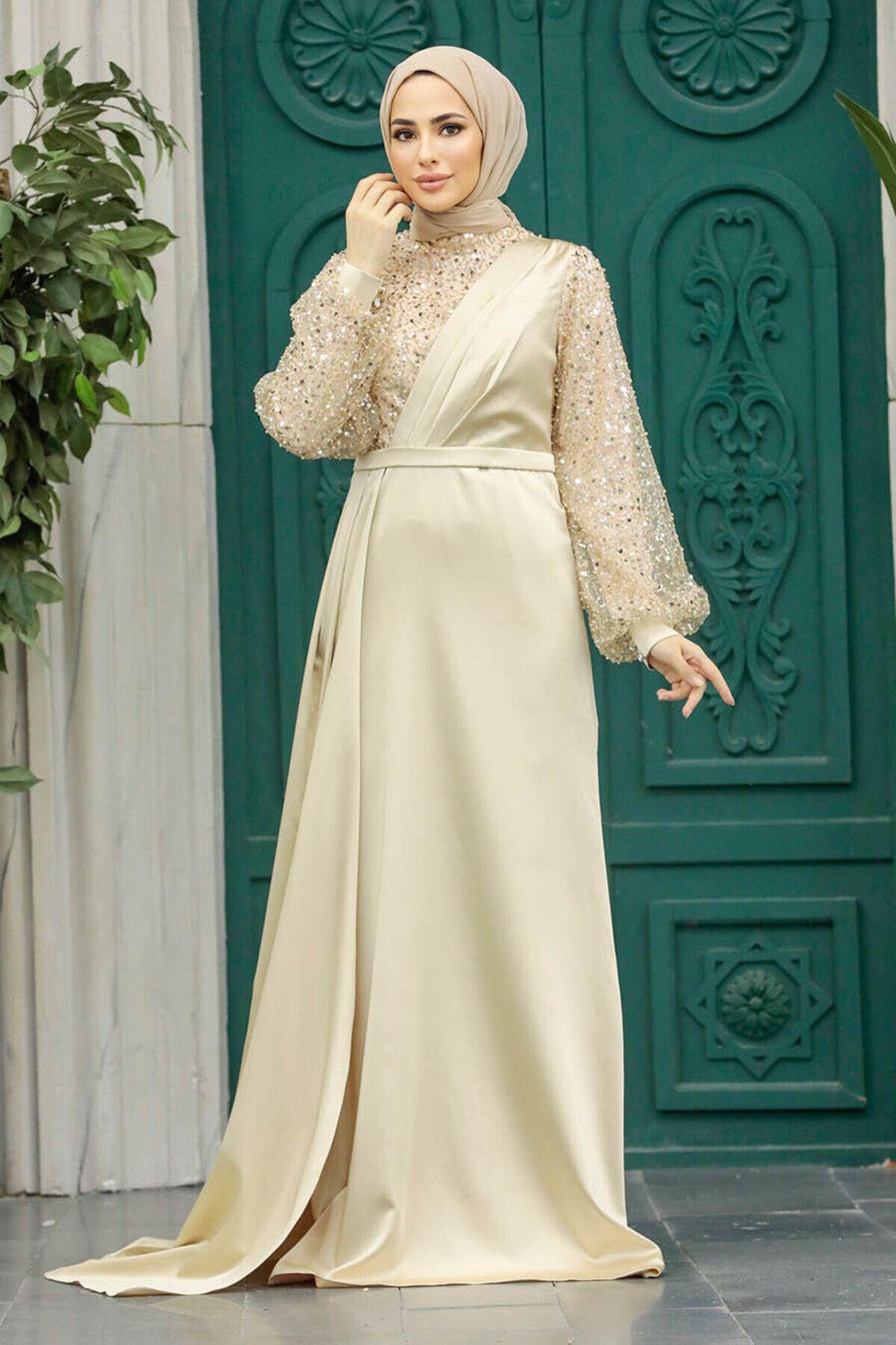 Neva Style Tesettür Abiye Elbise - Pul İşlemeli Gold Tesettür Abiye Elbise 2311GOLD