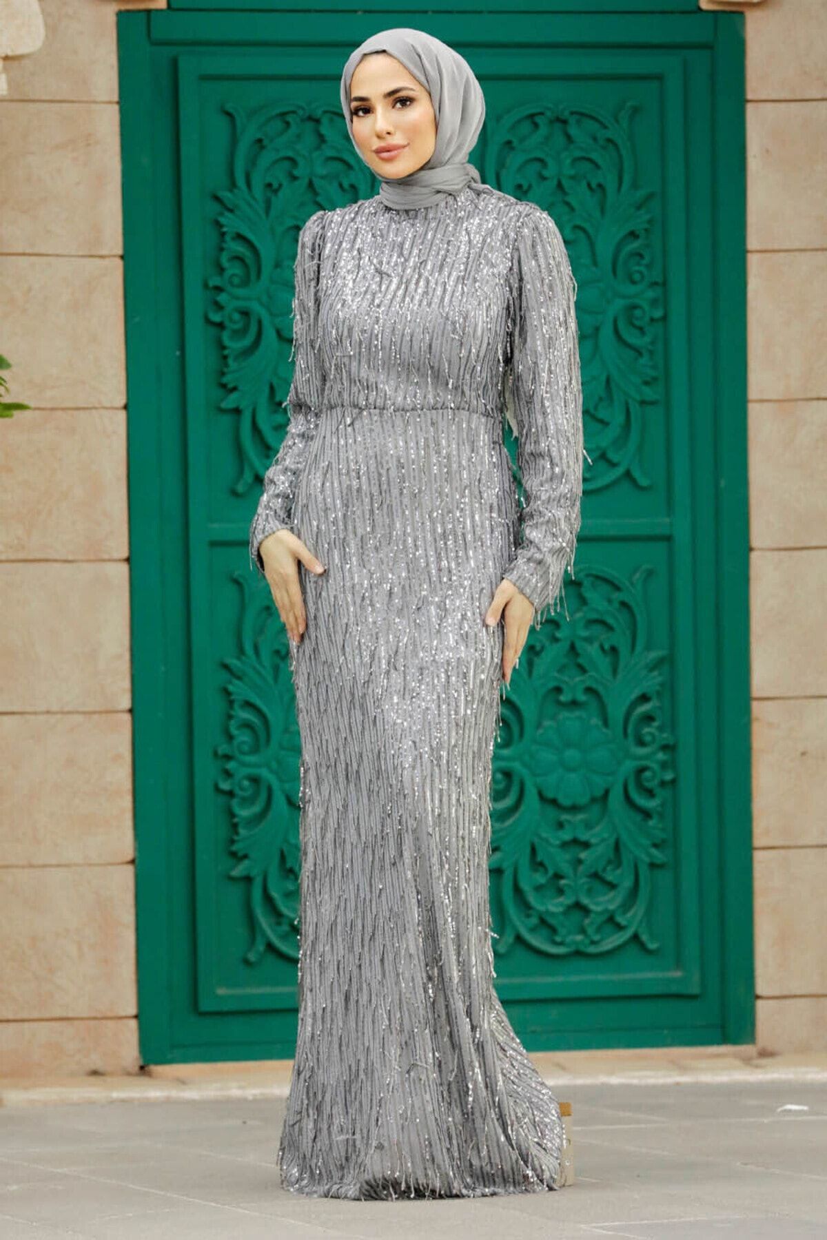 Neva Style Tesettür Abiye Elbise - Pul Payet İşlemeli Gri Tesettür Abiye Elbise 2314GR