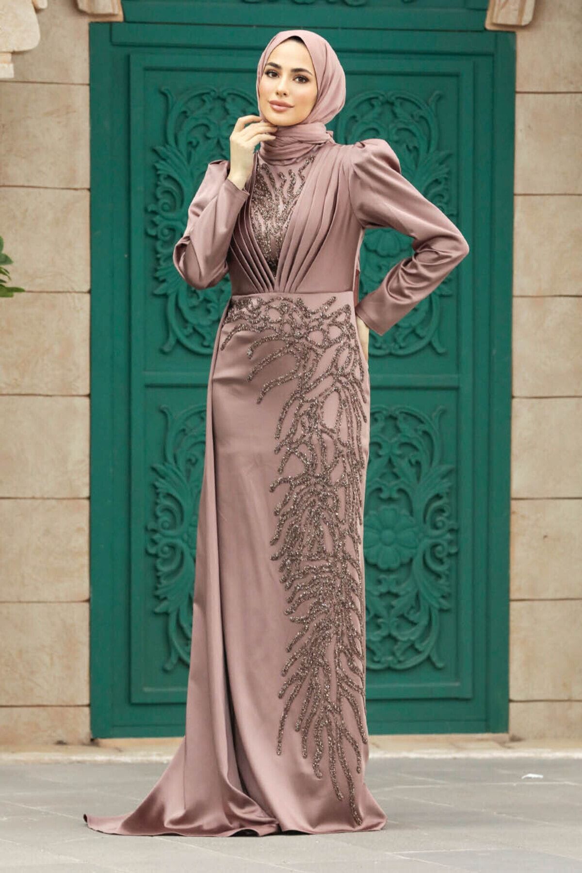 Neva Style Tesettür Abiye Elbise - Boncuk İşlemeli Bakır Tesettür Abiye Elbise 23122BKR