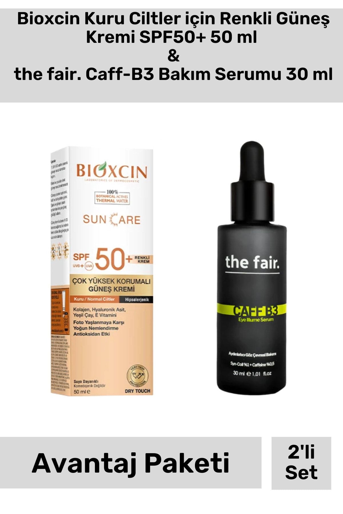 Bioxcin Kuru Ciltler için Renkli Güneş Kremi SPF50+ 50 ml & the fair. Caff-B3 Bakım Serumu 30 ml