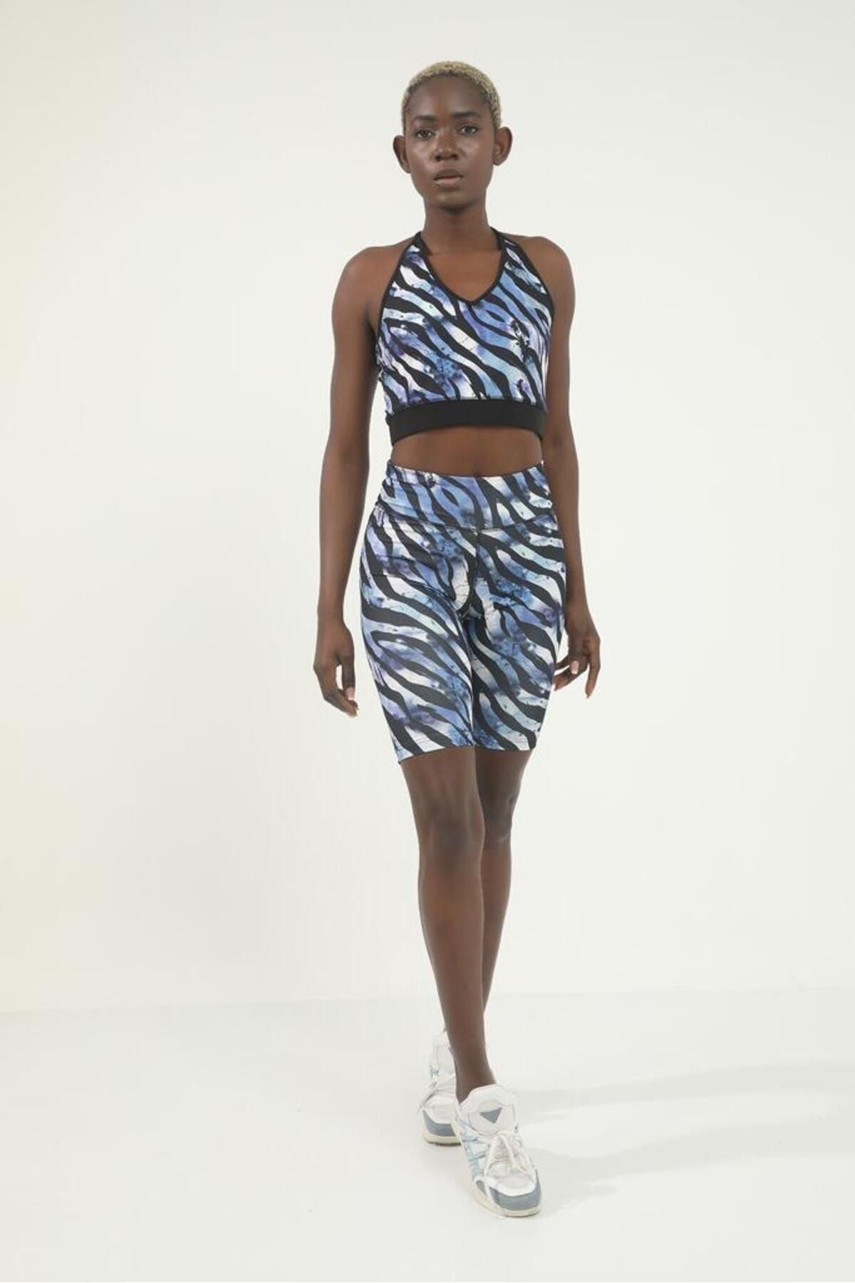 Grenj Fashion Mavi Zebra Desen Dijital Baskılı Çapraz Askılı Basic Büstiyer