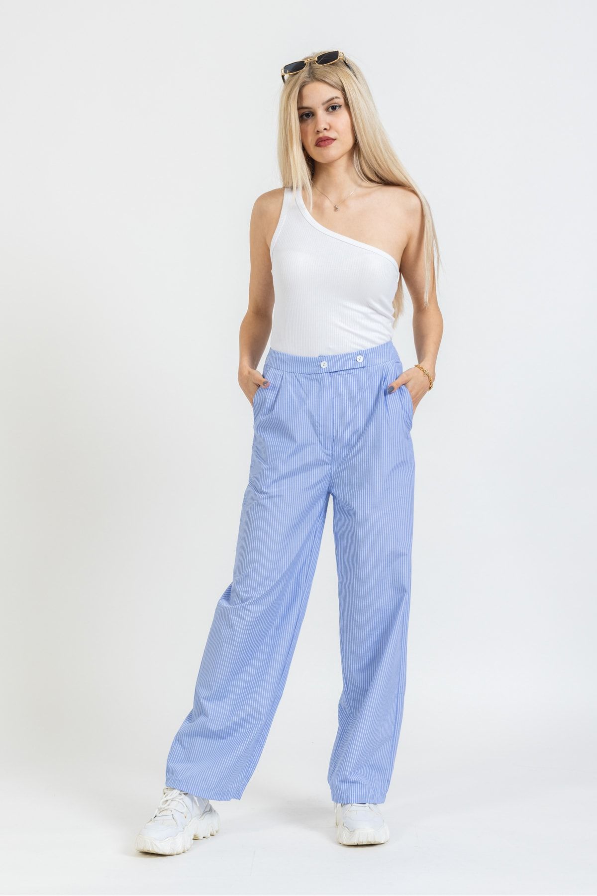 OlaFre Açık Mavi Çizgili Bol Paça Marina Pantolon, Bel Detaylı Uzun Pantolon, Trend Pantolon