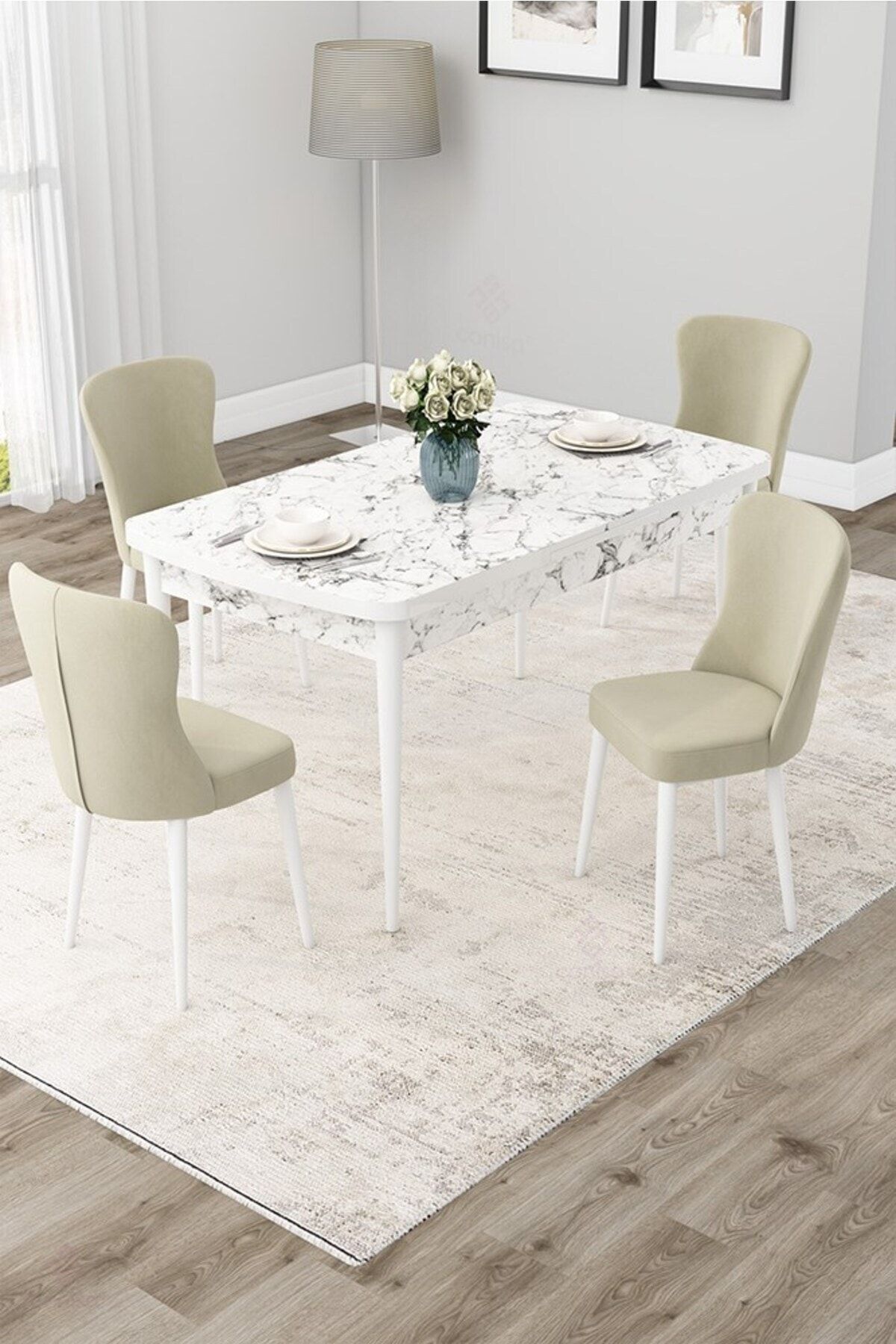 Canisa Due Serisi 80x132 Açılabilir Beyaz Mermer Desen Mutfak Masası Takımı Ve 4 Krem Sandalye