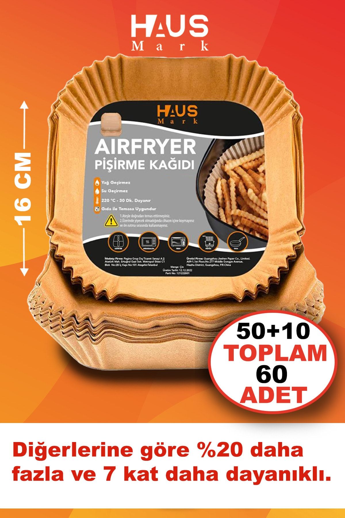 HAUSMARK Airfryer Pişirme Kağıdı 60 Adet 16cm Kare Yağsız Hava Fritözü Yağlı Kağıt Airfryer Philips Tefal Mi