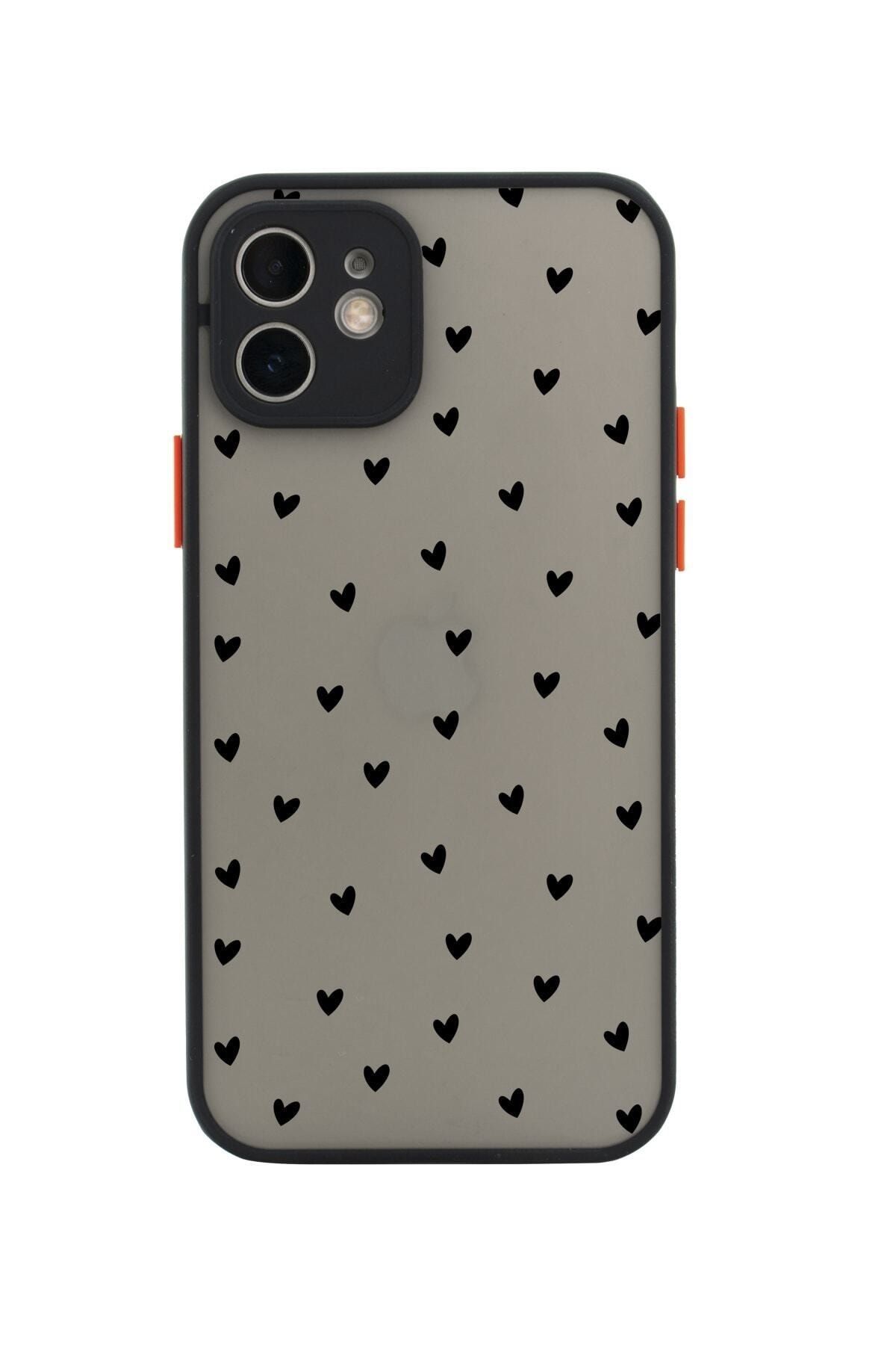 butikcase Iphone 11 Lüx Kamera Lens Korumalı Minik Kalpler Siyah Desenli Siyah Telefon Kılıfı