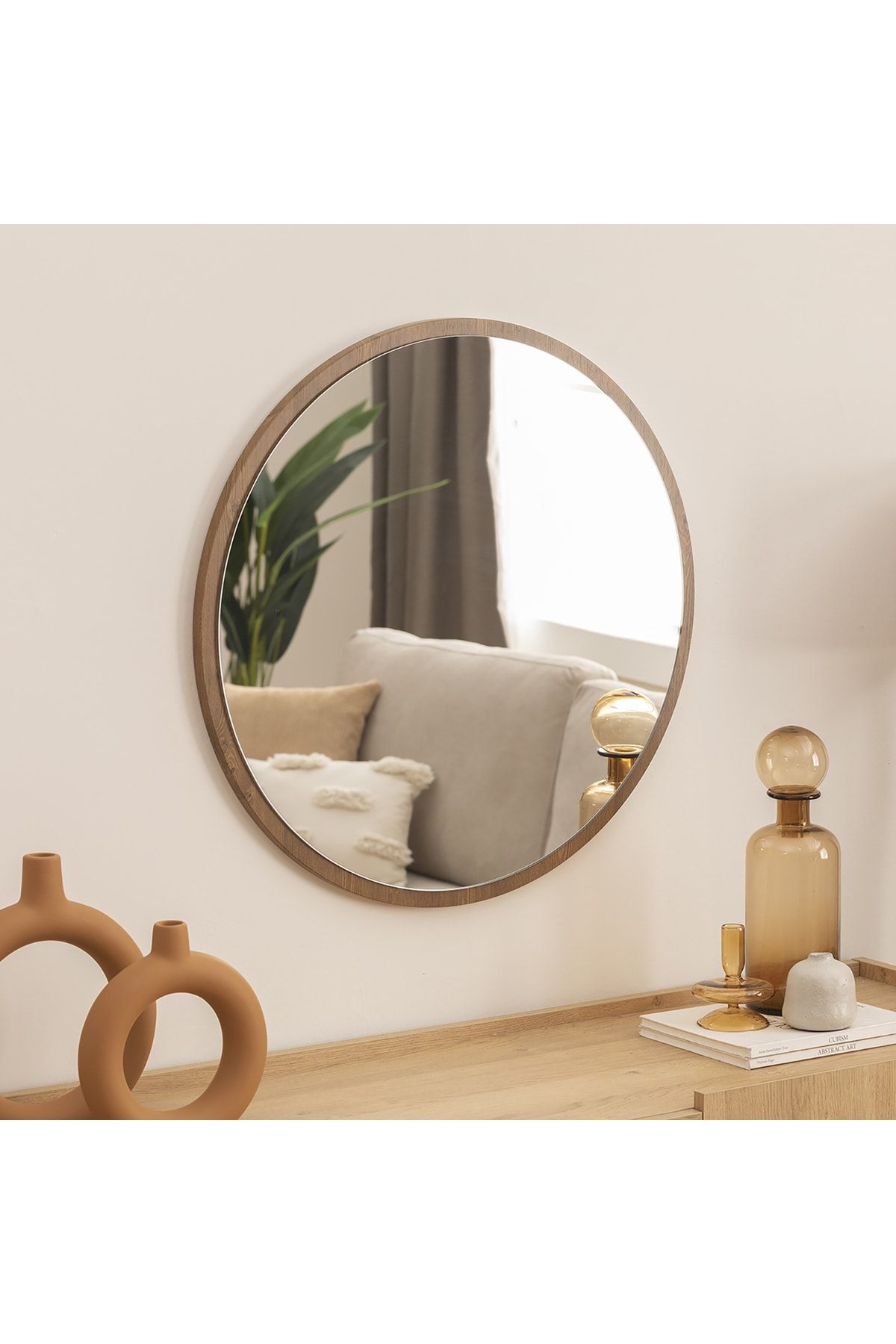 DFN WOOD Kahverengi Mdf Yuvarlak Duvar Salon Banyo Aynası 100 Cm