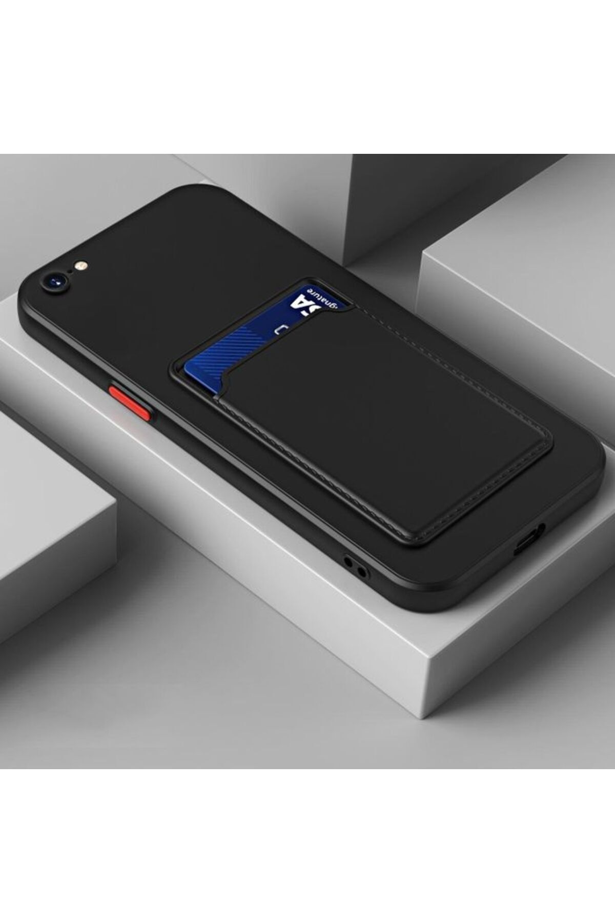 Fibaks iPhone 6S Plus Kılıf Kamera Korumalı Kartlıklı Cüzdanlı Kırmızı Tuşlu Siyah Silikon Kapak
