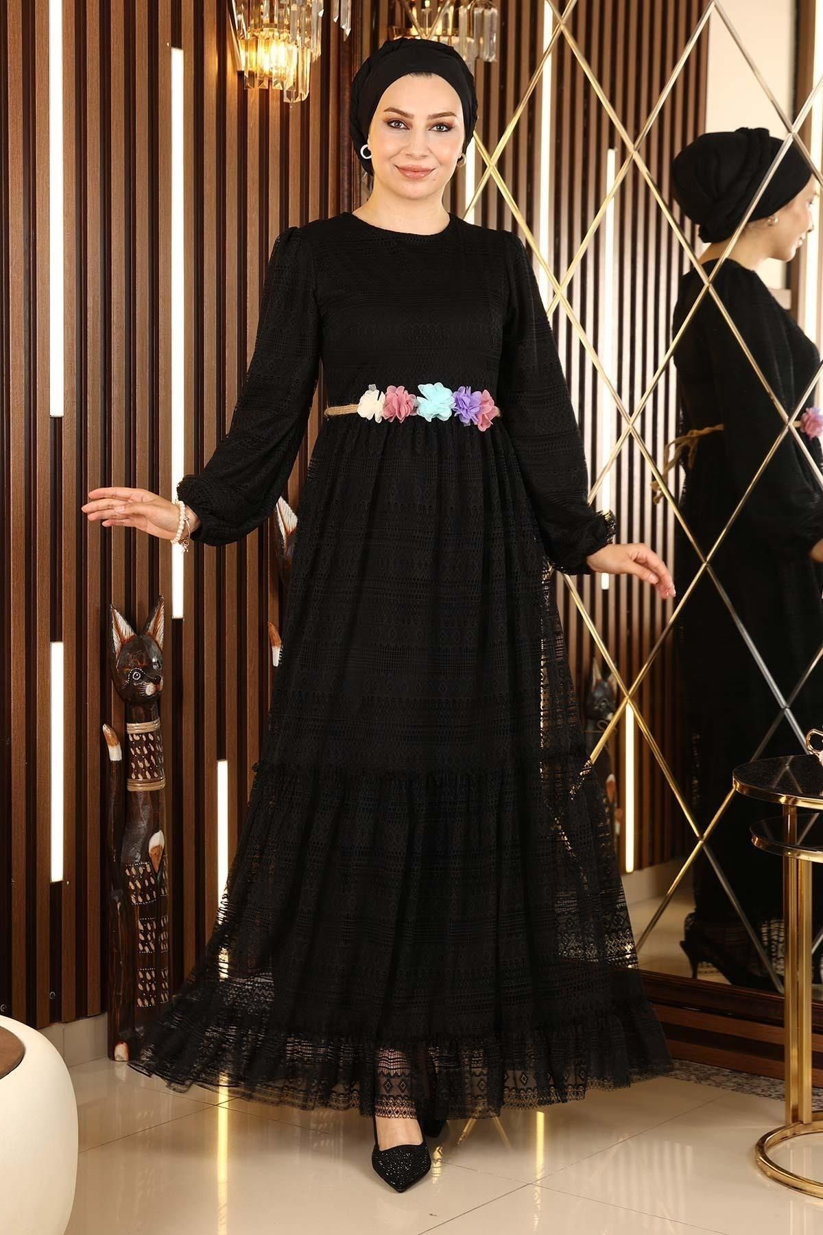 ModaMihram Dantelli Kemeri Çiçekli Elbise Siyah 10242