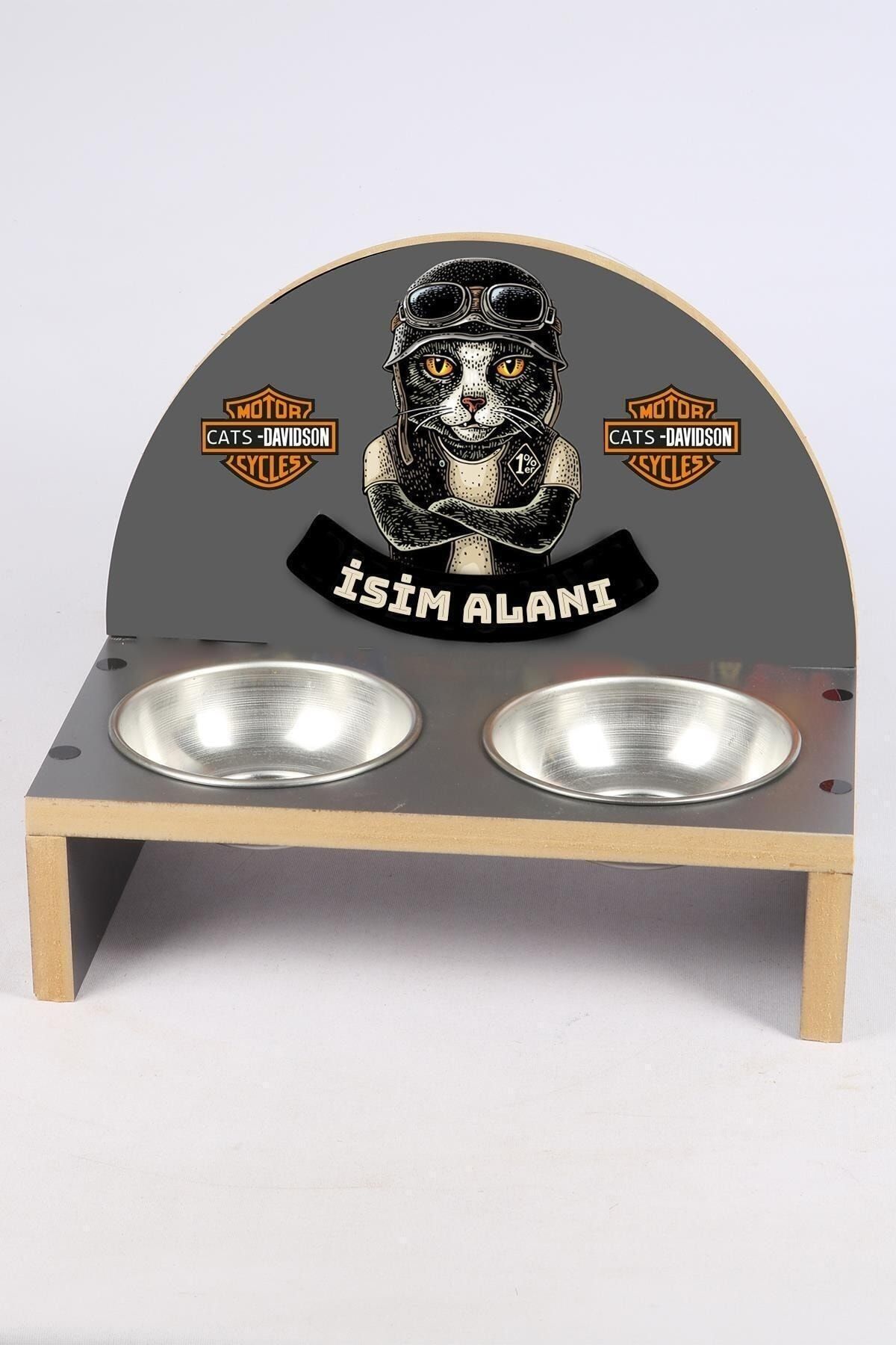 MiniHediye Ahşap Özel Isim Baskılı Kedi Köpek Mama Su Kabı Standı Metal Suluk Mamalık Çelik Kaseli