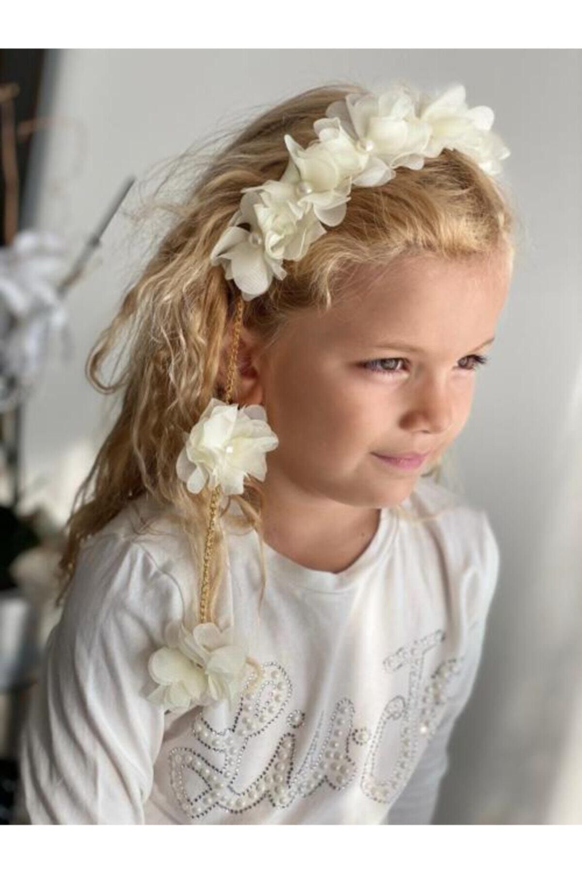 QUEEN AKSESUAR Yeni Trend Moda Inci Çiçek Sarkıt Zincirli Anne Çocuk Nedime Taç Beyaz