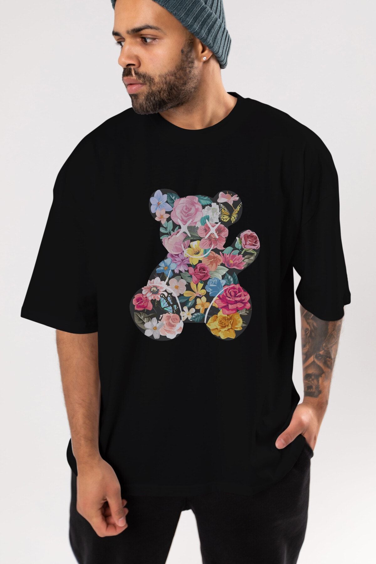 Ankhises Flowers Bear Ön Baskılı Siyah Oversize T-shirt Unisex Erkek Kadın Bisiklet Yaka