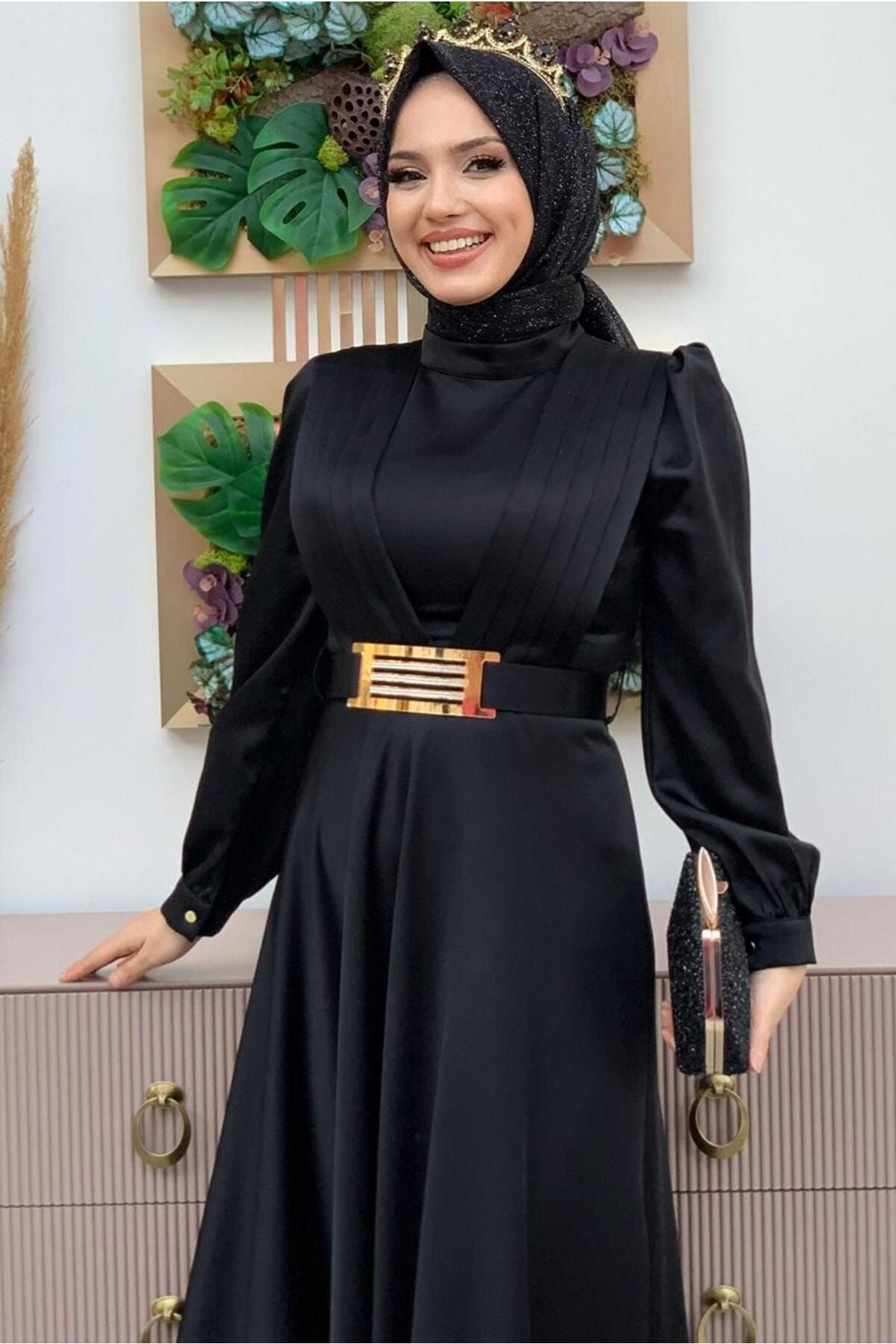 TRENDTESETTÜR Kadın Siyah Kemerli Drape Detaylı Saten Abiye Elbise T 2973