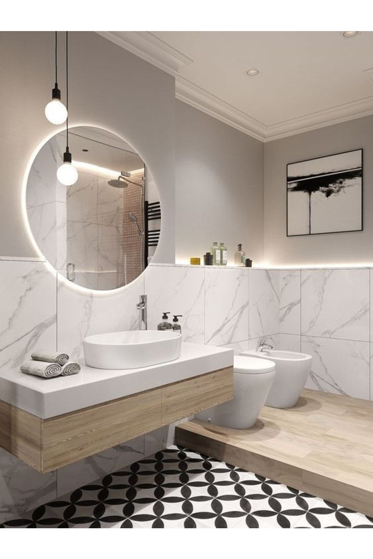 Narkissos Dizayn 60 Cm Beyaz Ledli Yuvarlak Banyo Aynası/ Makyaj Aynası/ Trafolu